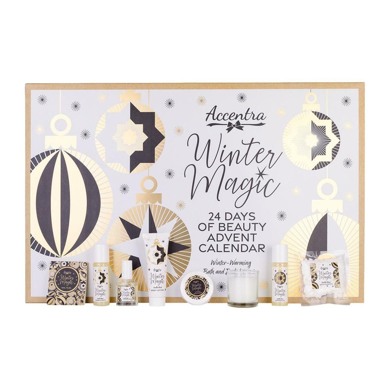 Adventskalender mit Kosmetikprodukten. Enthält "Accentra Winter Magic", Cremes, Seifen, Nagellack und Kerze. Aufschrift "24 Days of Beauty".