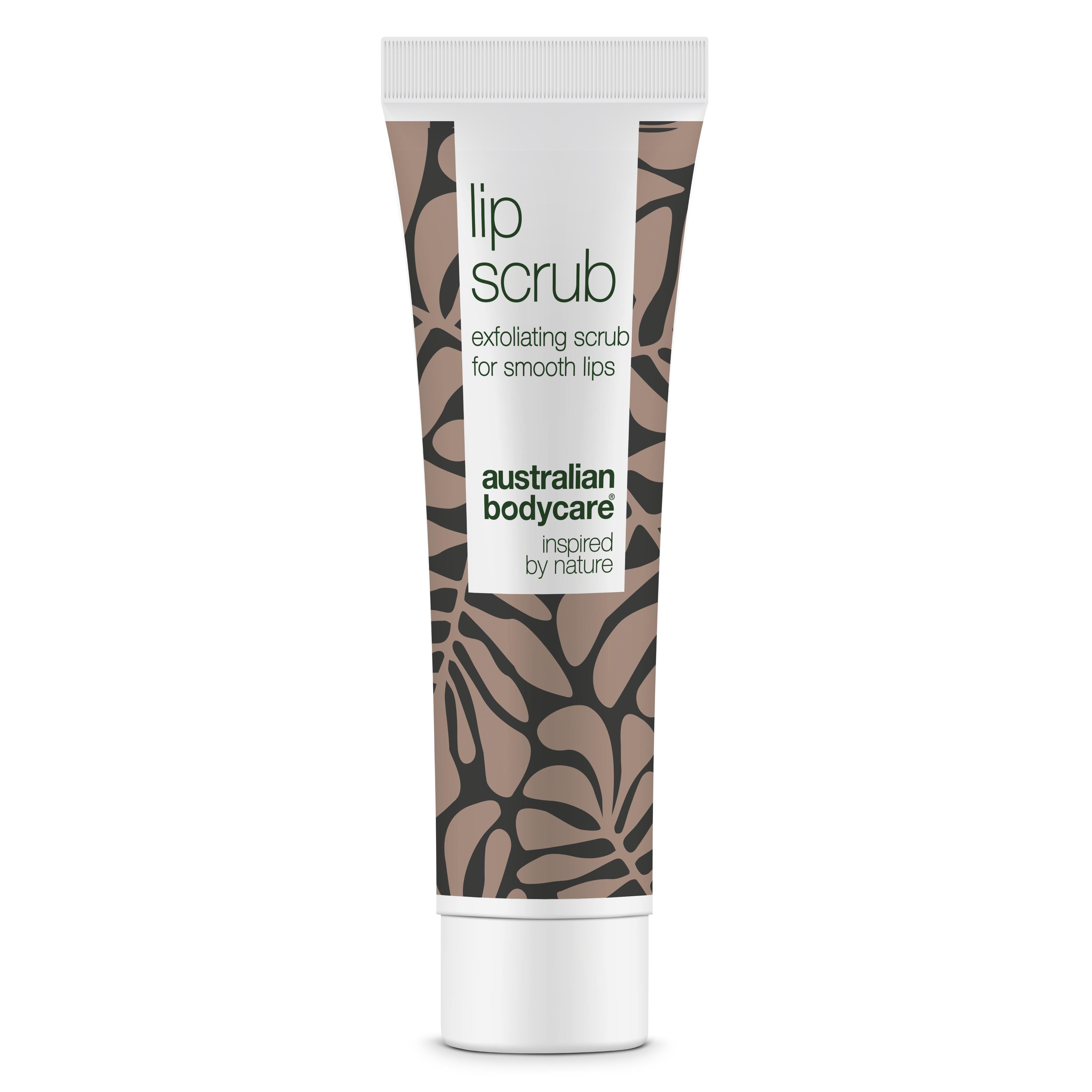 Tube mit Lip Scrub. Weißer Deckel, braunes Muster, Text: lip scrub, exfoliating scrub for smooth lips, Australian Bodycare.
