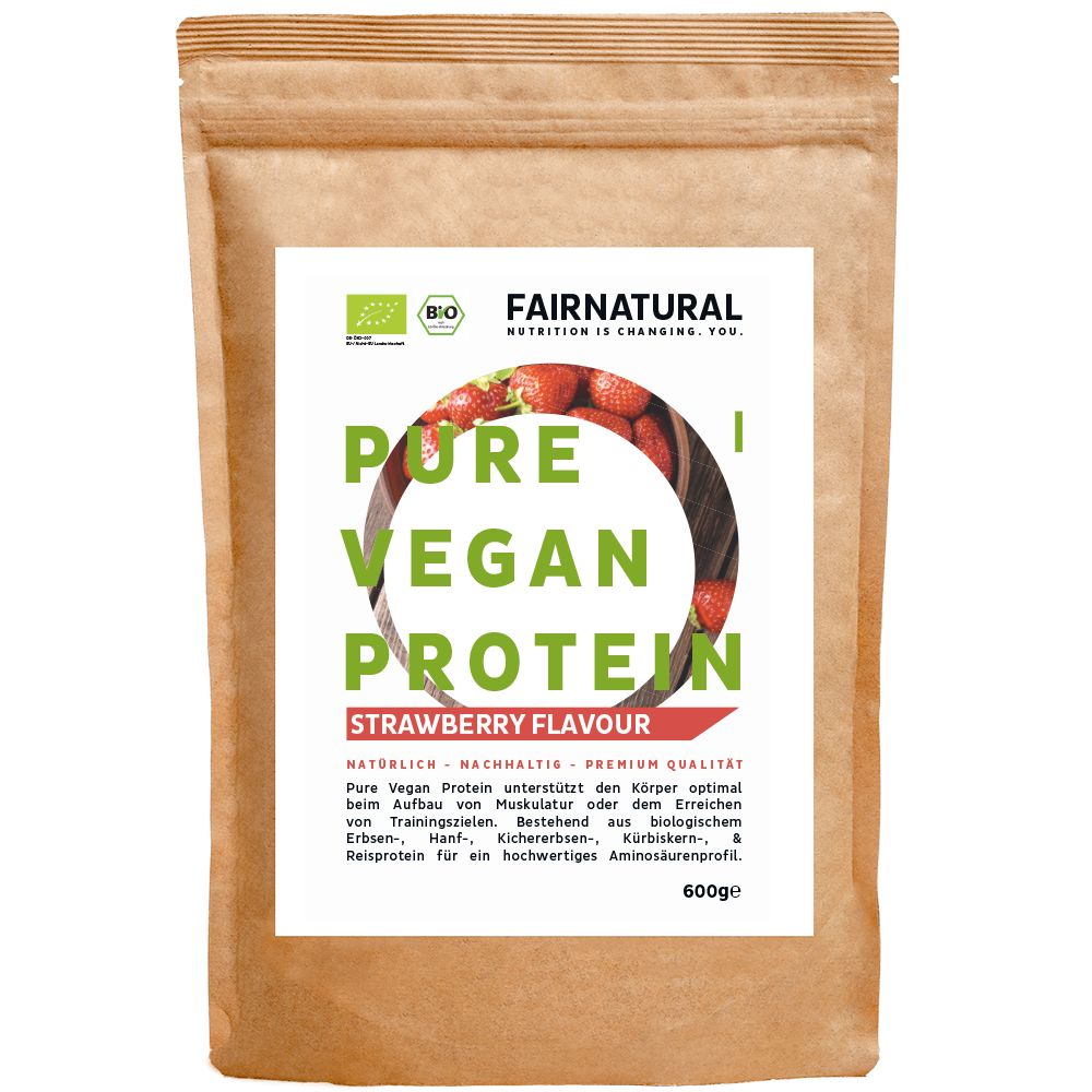 Beutel FAIRNATURAL Bio Vegan Protein, Erdbeergeschmack. Text: Pure Vegan Protein, 600g, Bio-Zertifizierung.