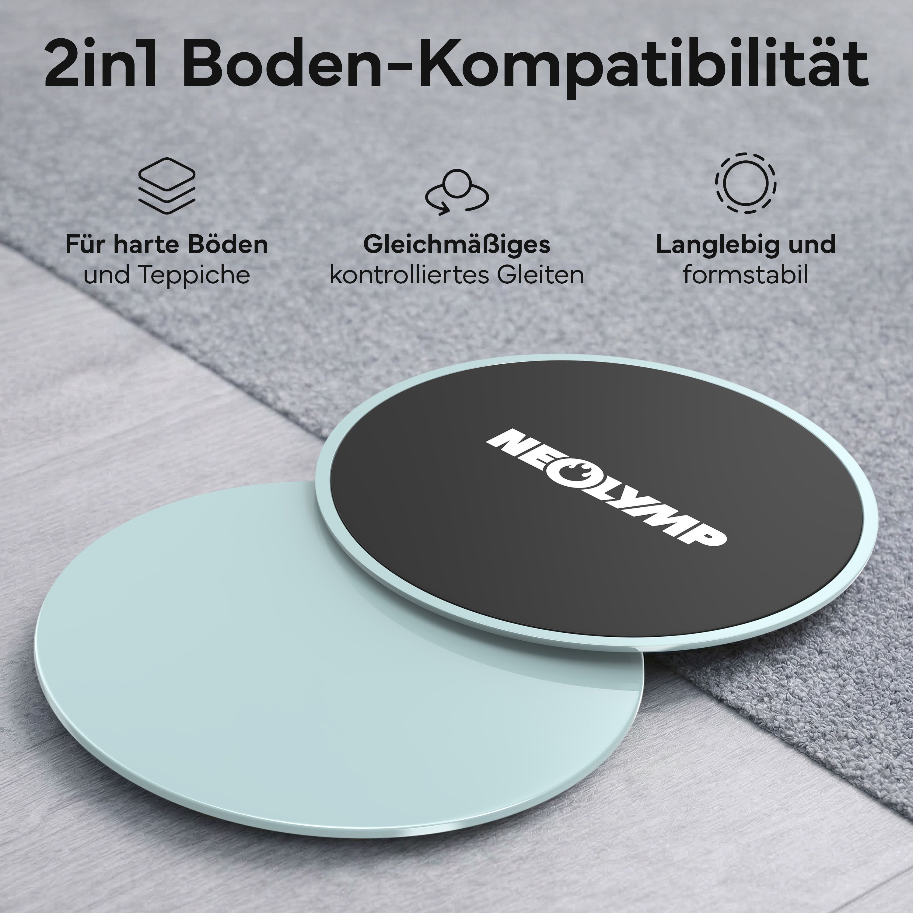 Zwei NEOLYMP Pilates Slider auf Teppich und Hartboden, für harte Böden und Teppiche.