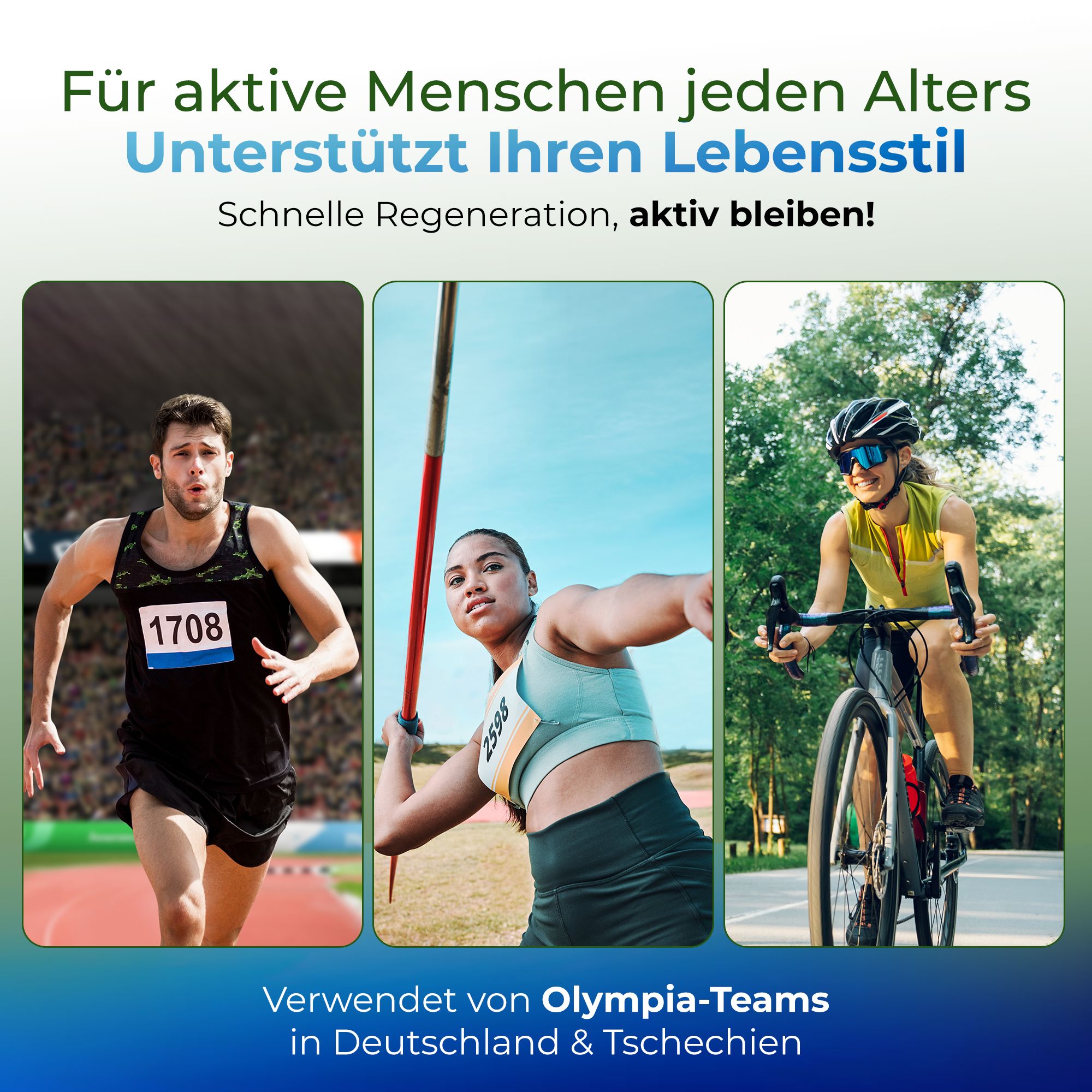 Text: Für aktive Menschen jeden Alters. Bilder: Läufer, Speerwerferin, Radfahrer. Olympische Ringe. Hemp Help Natural Cosmetics.