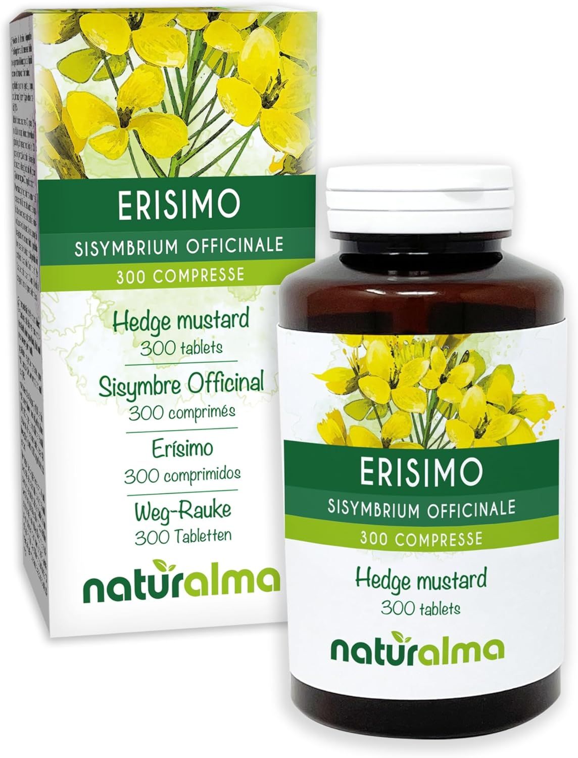 Produktverpackung und Flasche. Text: Erisimo Sisymbrium officinale, 300 Tabletten. Naturalma Logo.