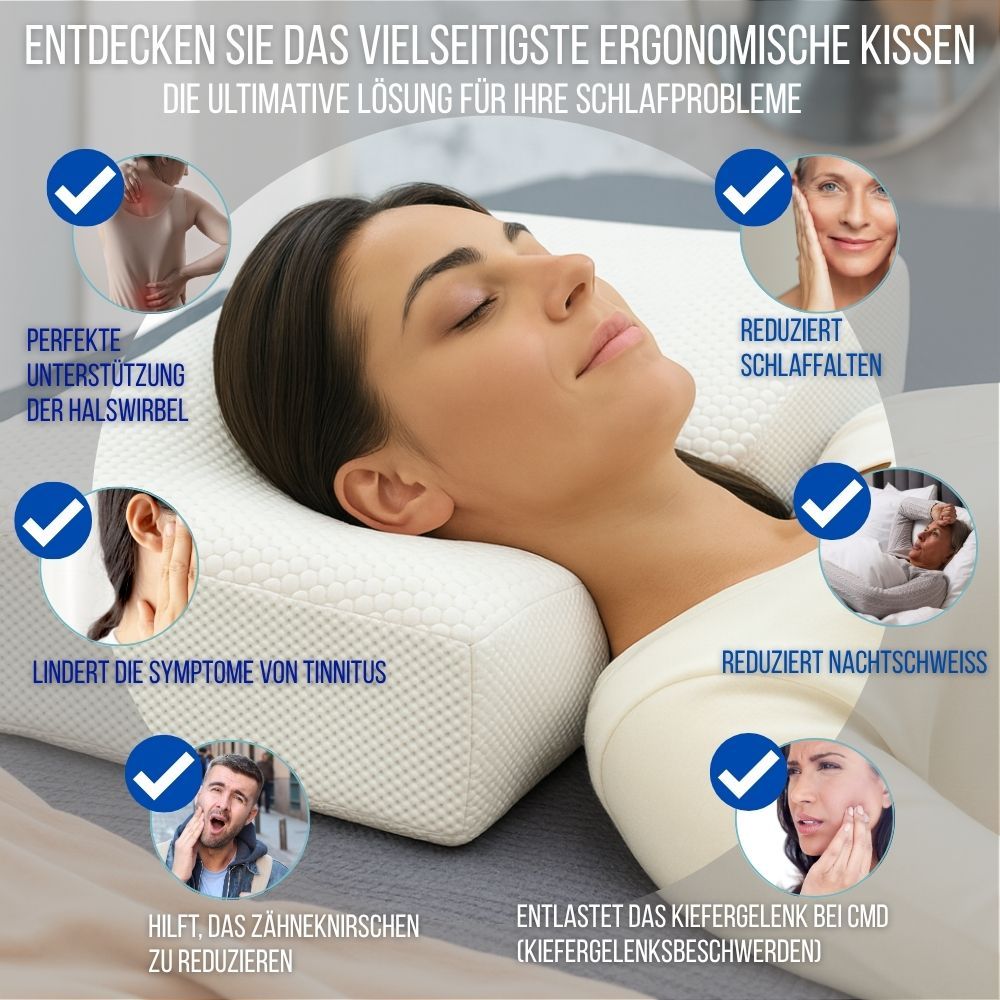 Frau liegt auf einem ergonomischen Kissen. Vorteile: Nackenstütze, Anti-Falten, etc. Blaue Check-Symbole.