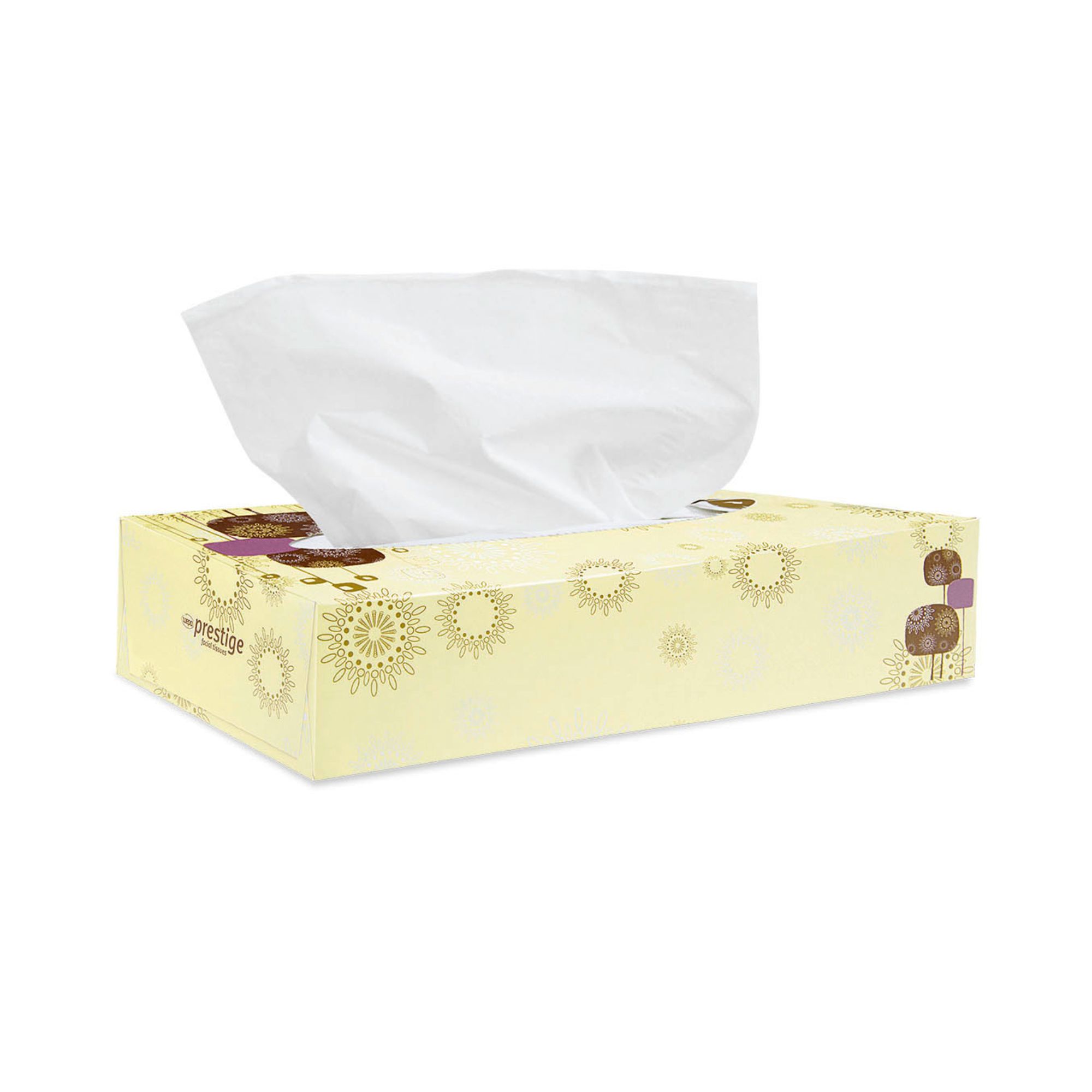 Kosmetiktücher in einer rechteckigen Schachtel. Die Schachtel ist hellgelb mit floralen Mustern und dem Wort "prestige". Weiße Tücher ragen aus der Öffnung.