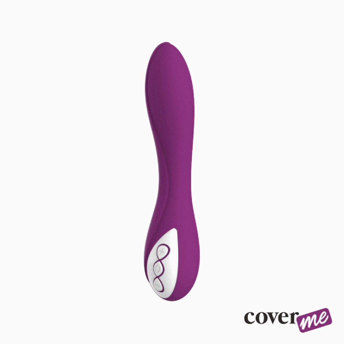 Lila Vibrator mit geschwungener Form. Weißes Bedienfeld mit Symbolen. Logo "cover me" am unteren Rand.