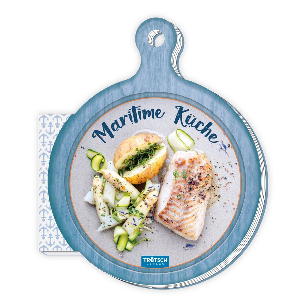 Kochbuch "Maritime Küche" in Brettform. Auf dem Teller: Fisch, Kartoffel, Spargel und Gurke. Trötsch Verlag Logo.