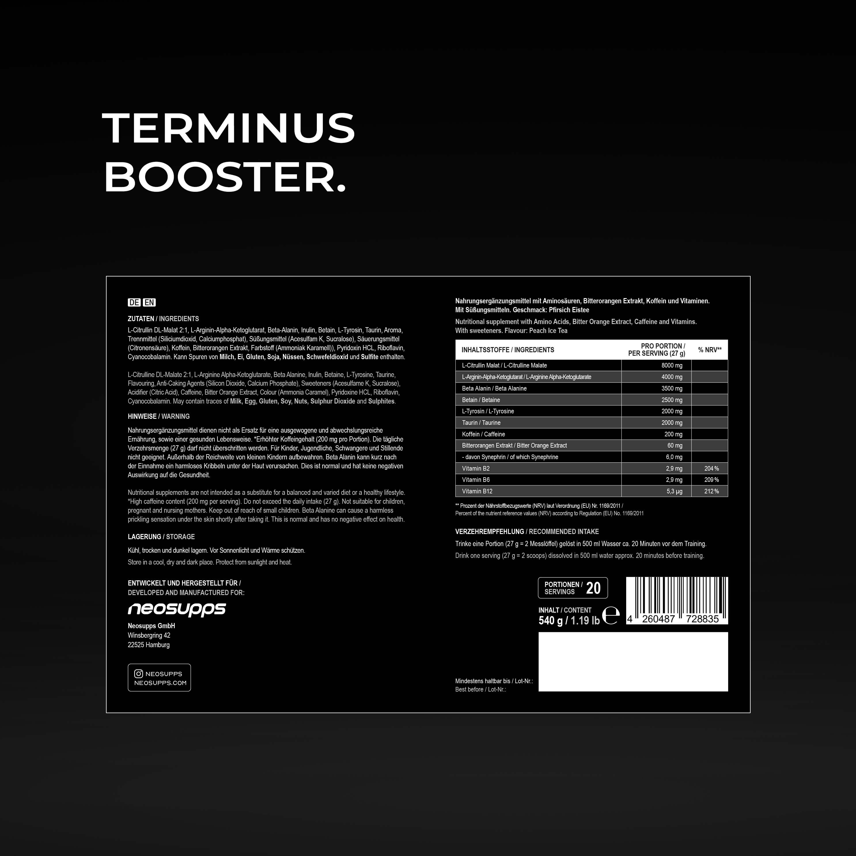 Rückseite der Dose "neosupps Terminus Booster". Text: Inhaltsstoffe, Nährwerte, Anwendungshinweise.