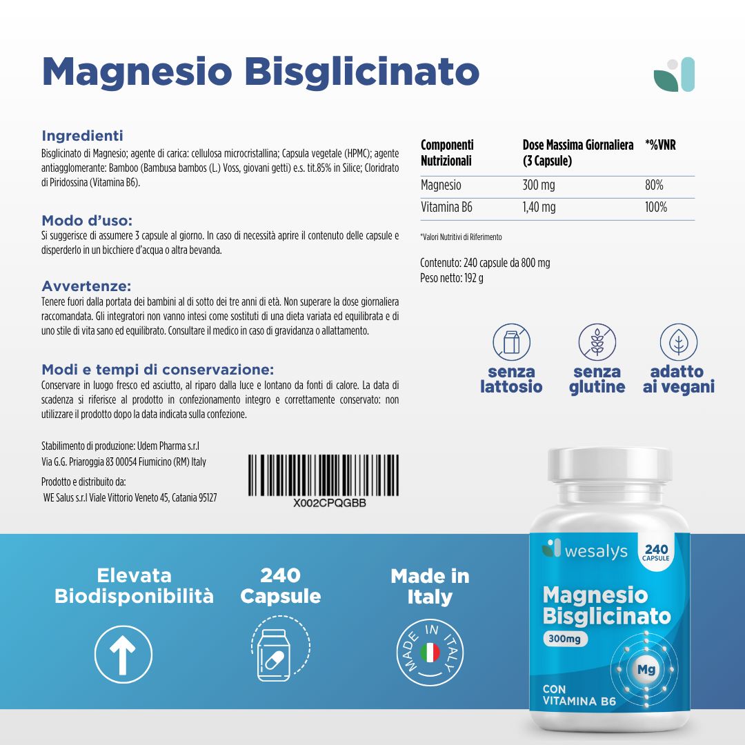 Produktinformationen. Weiße Flasche mit blauem Etikett. Aufschrift: Magnesio Bisglicinato, 300mg, 240 Kapseln. CON VITAMINA B6. Marke: wesalys.