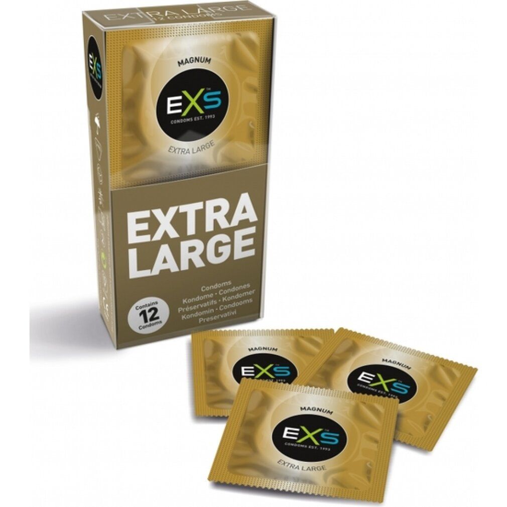 Packung EXS Extra Large Kondome mit 12 Kondomen. Drei einzelne Kondome daneben. Goldene Folienverpackung.