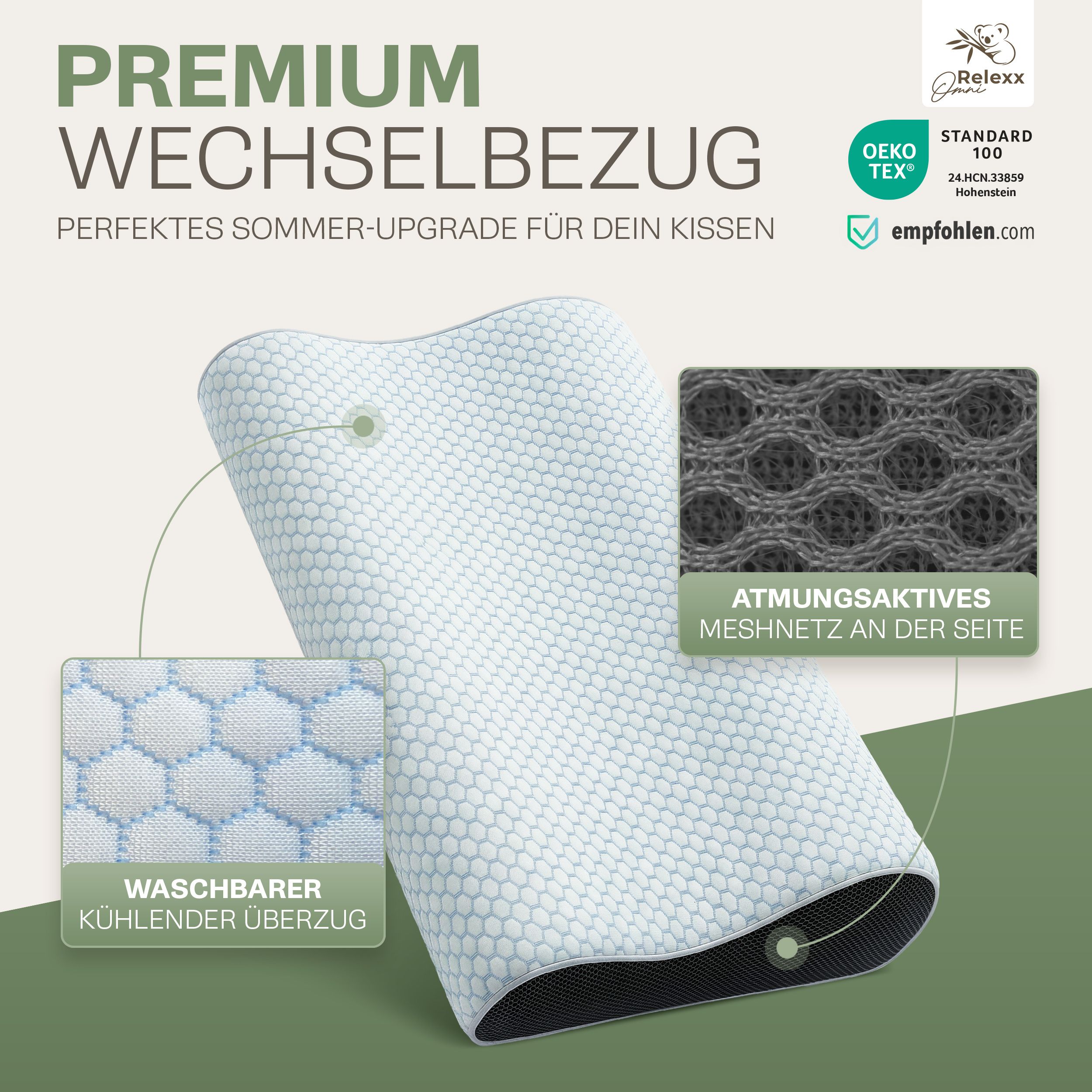 Weißer Nackenkissenbezug mit Mesh-Einsatz. Detailansicht: Waschbarer, kühlender Bezug und atmungsaktives Meshnetz. Oeko-Tex Standard 100.