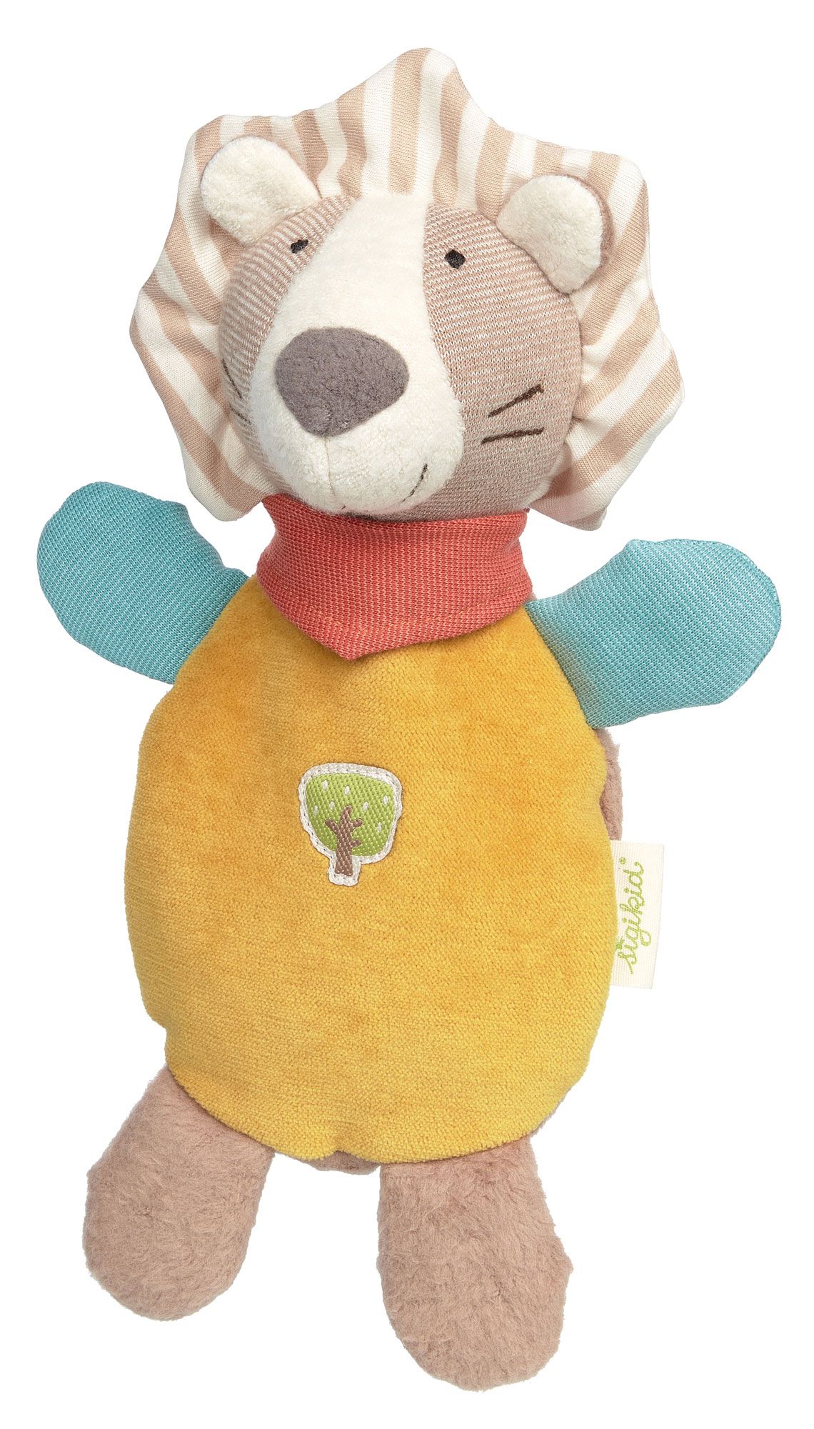 Plüschtier Löwe mit gelbem Bauch, blauen Armen und rotem Halstuch. Mit Baum-Applikation und Sigikid-Label.
