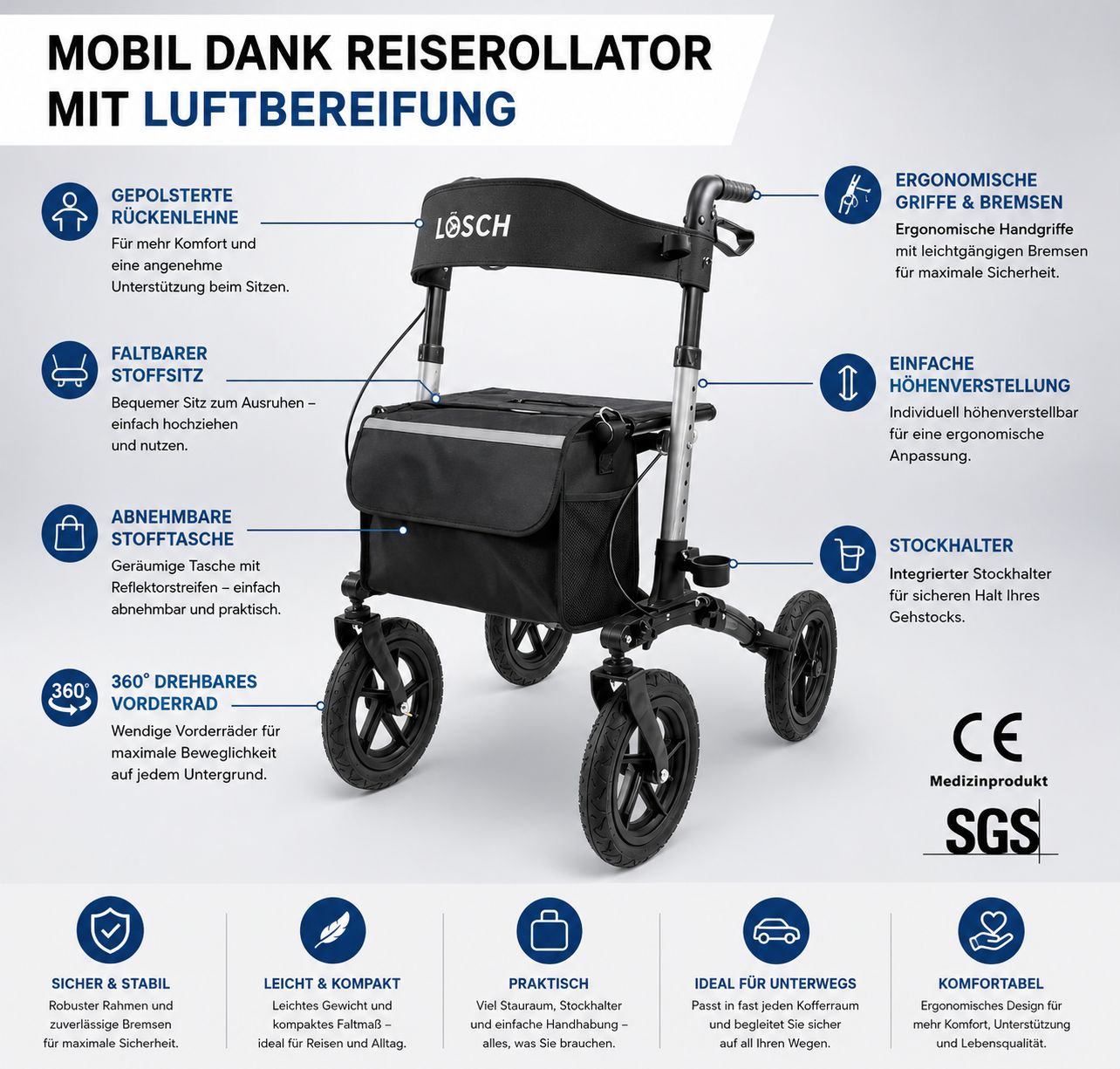 Rollator mit Luftbereifung. Gepolsterte Rückenlehne, faltbarer Sitz, abnehmbare Stofftasche, 360° Vorderräder, Stockhalter, ergonomische Griffe. CE-Kennzeichnung.