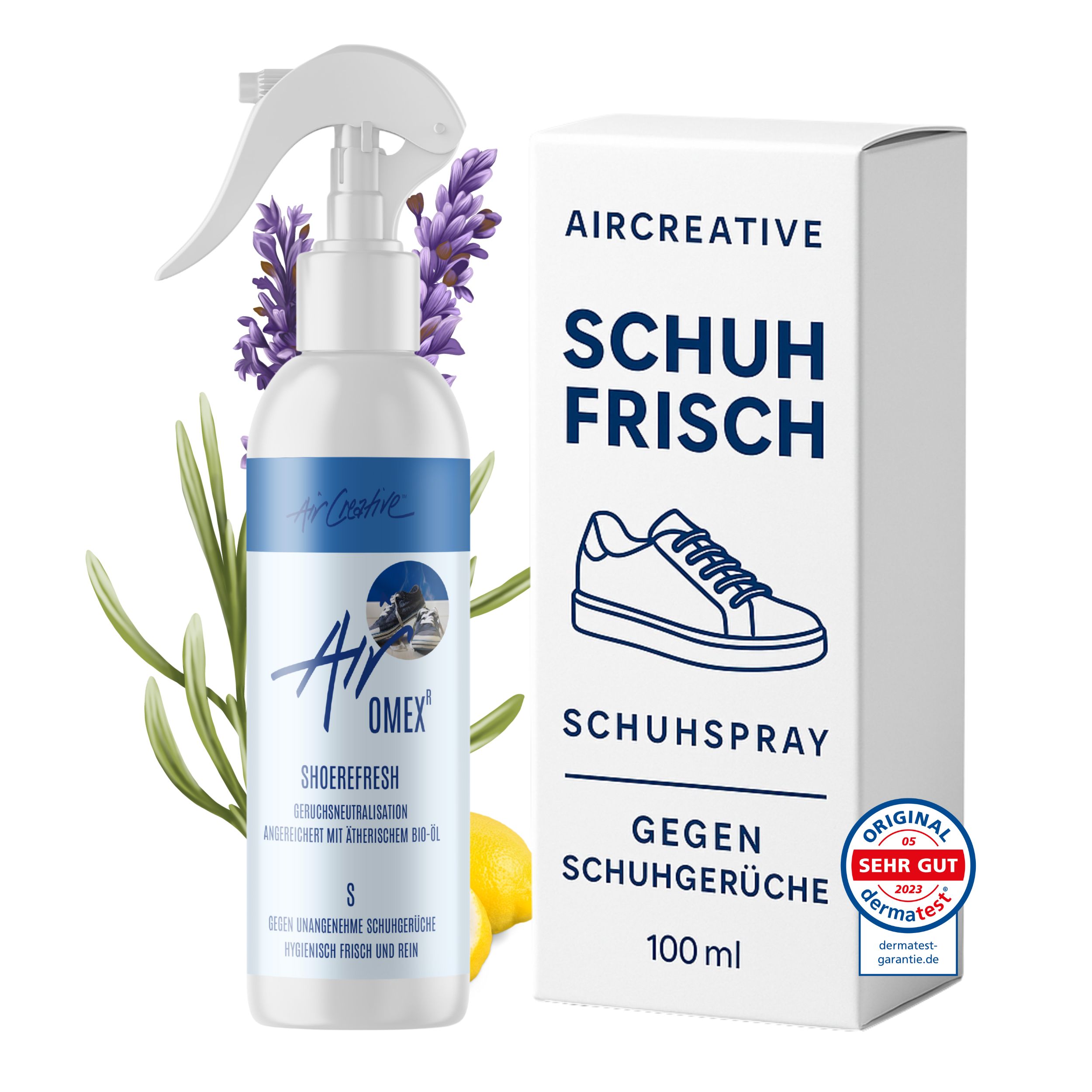 Weiße Sprühflasche und Karton. Text: Air Creative Schuhfrisch. Schuhspray gegen Schuhgerüche. Siegel: Dermatest Sehr Gut.