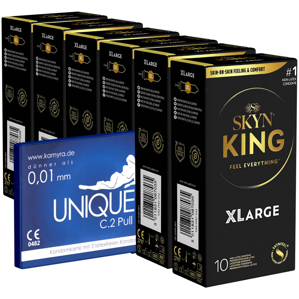SKYN KING XLARGE Kondome in schwarzer Verpackung mit goldenen Akzenten. Zeigt 10 Stück.