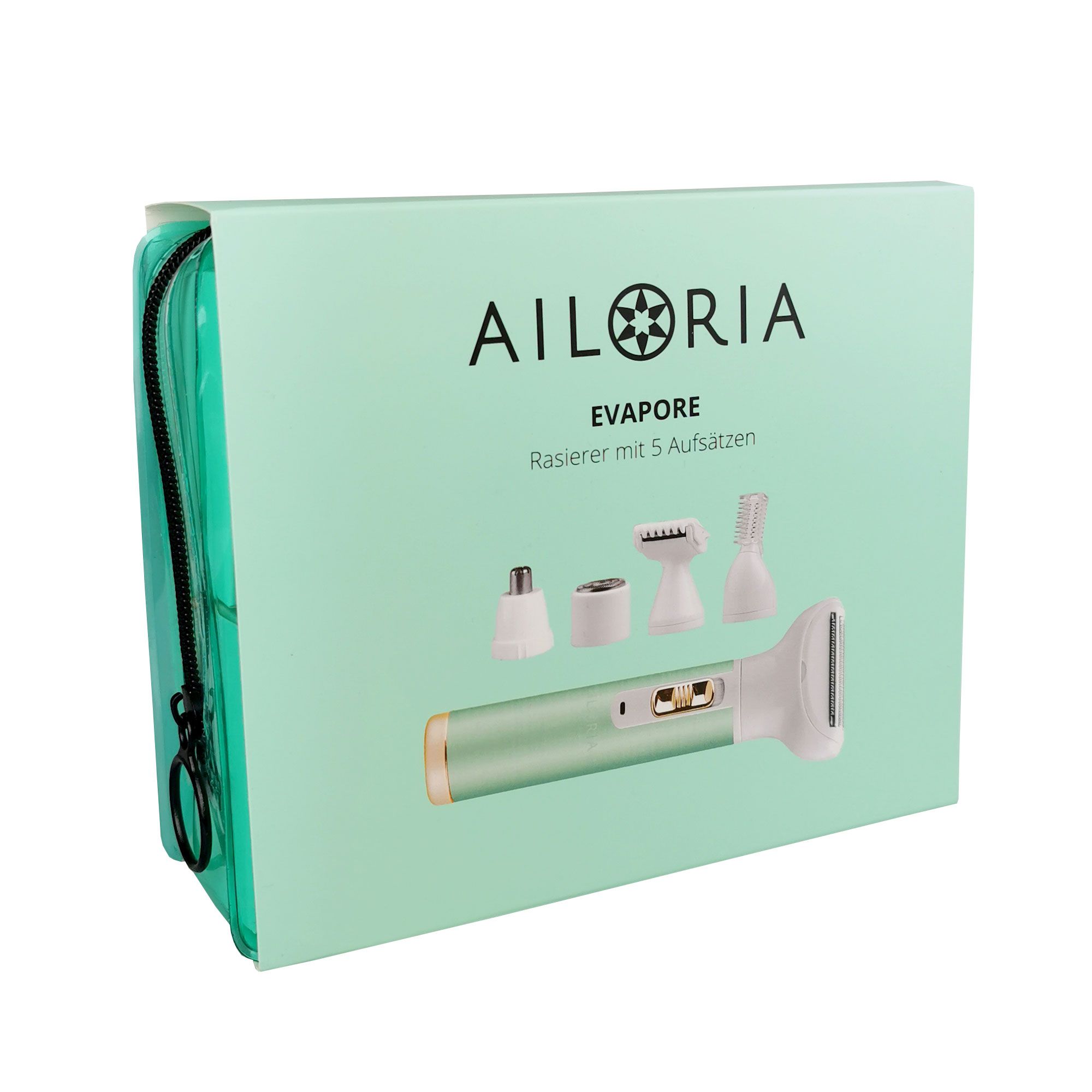 Verpackung des Rasierer-Sets. Aufschrift AILORIA EVAPORE. Rasierer und Aufsätze abgebildet. Grün-weißes Design.