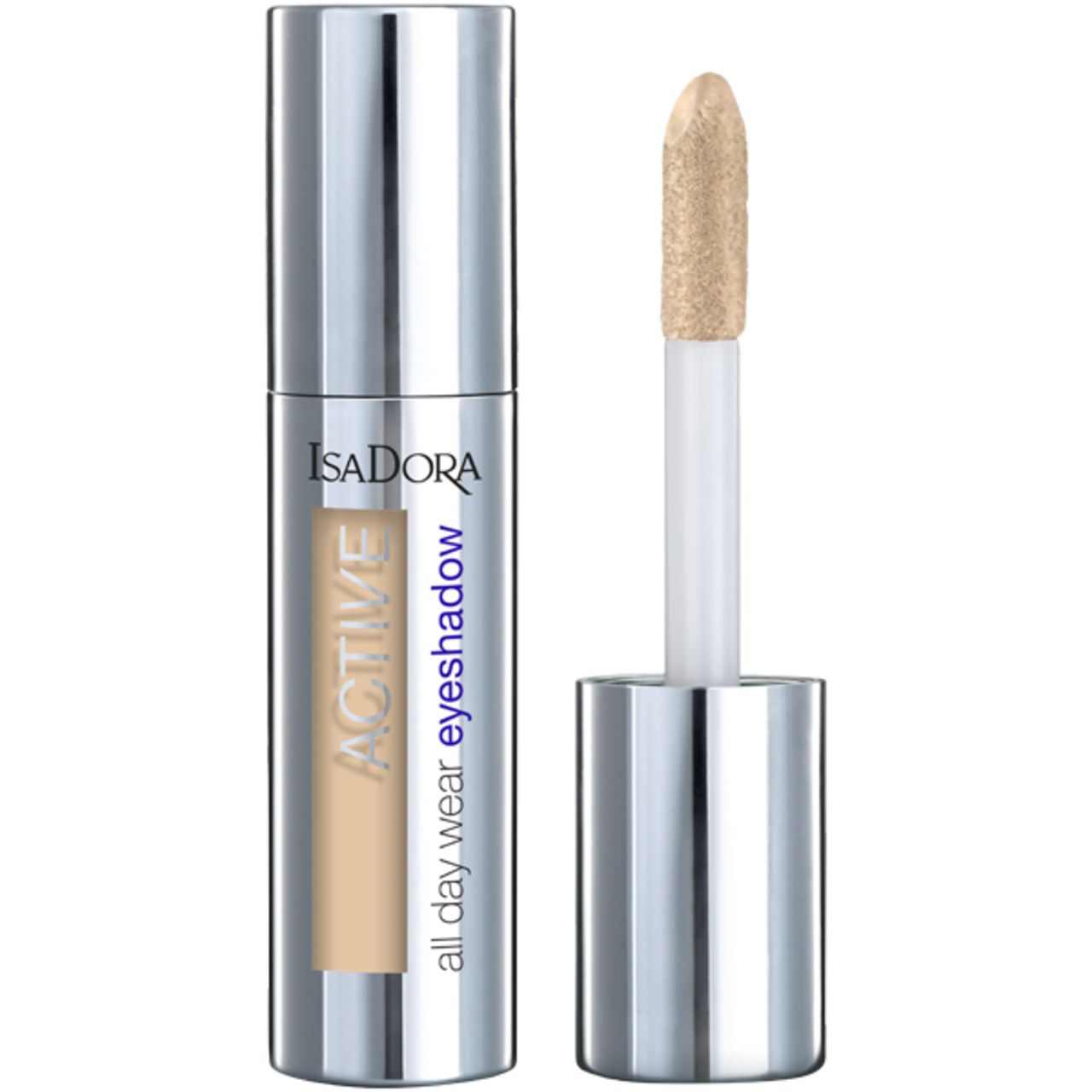 IsaDora Active All Day Wear Eyeshadow. Flasche und Applikator. Silberne Kappe, beige Lidschatten. Text: IsaDora, Active, all day wear eyeshadow.