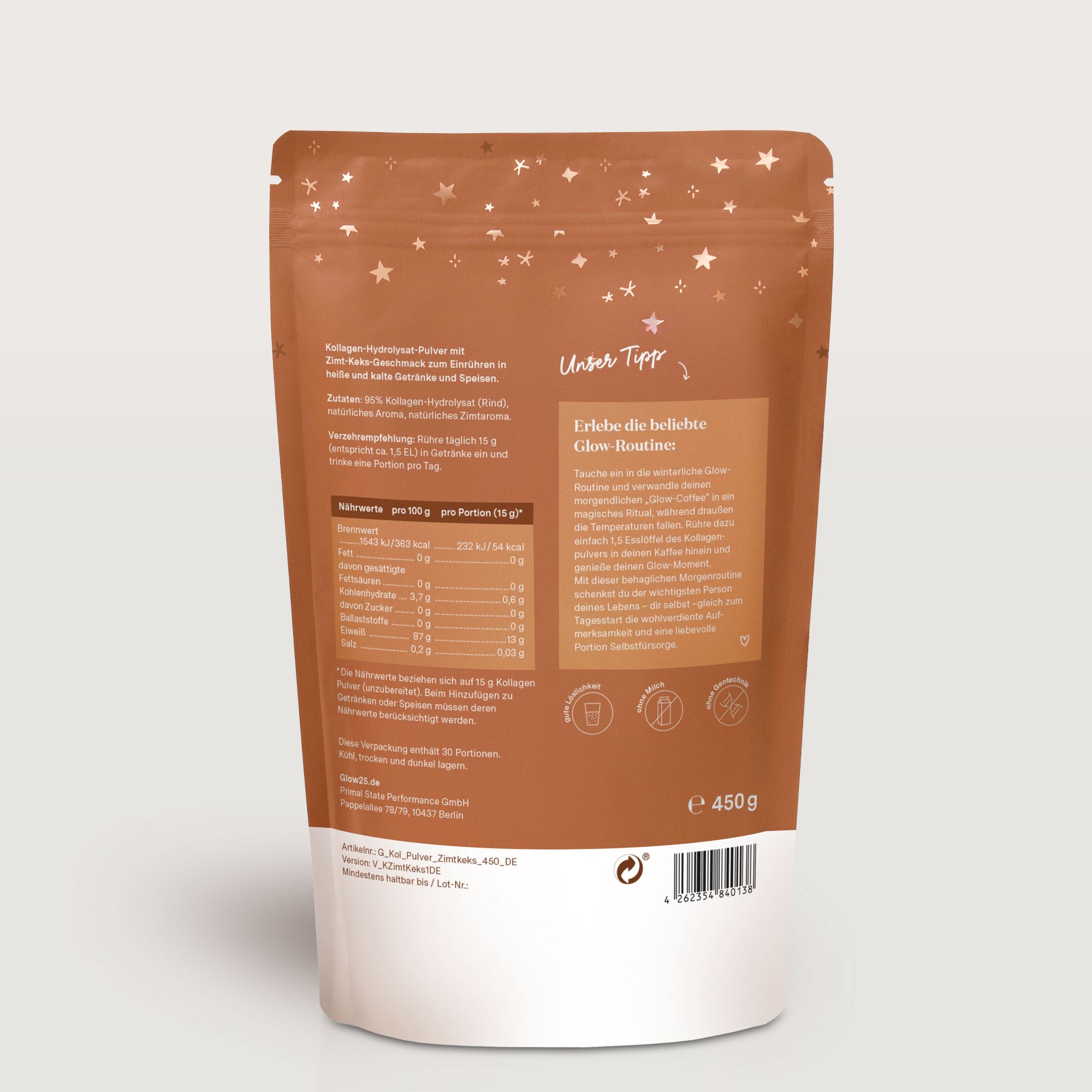 Rückseite der Glow25® Kollagen Pulver Verpackung. Nährwertangaben, Inhaltsstoffe, Herstellerinformationen, Zertifizierungen.