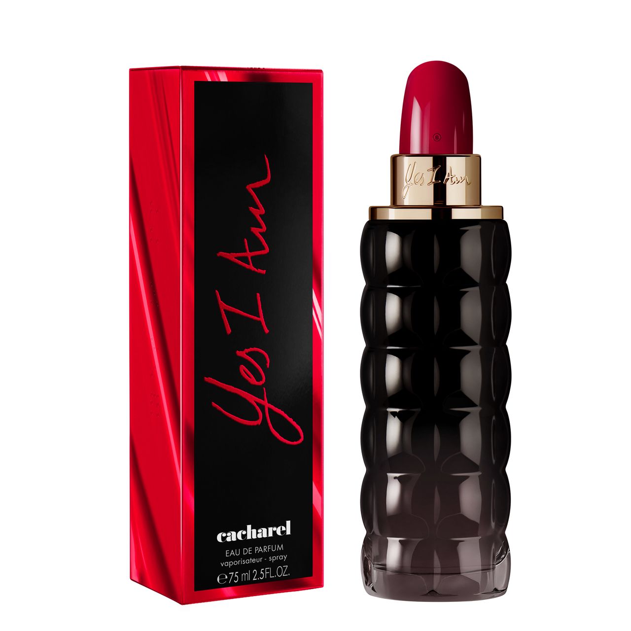 Parfümflasche und -verpackung. Flasche: schwarz-violett, lippenstiftförmiger Verschluss. Verpackung: rot mit roter Schrift.