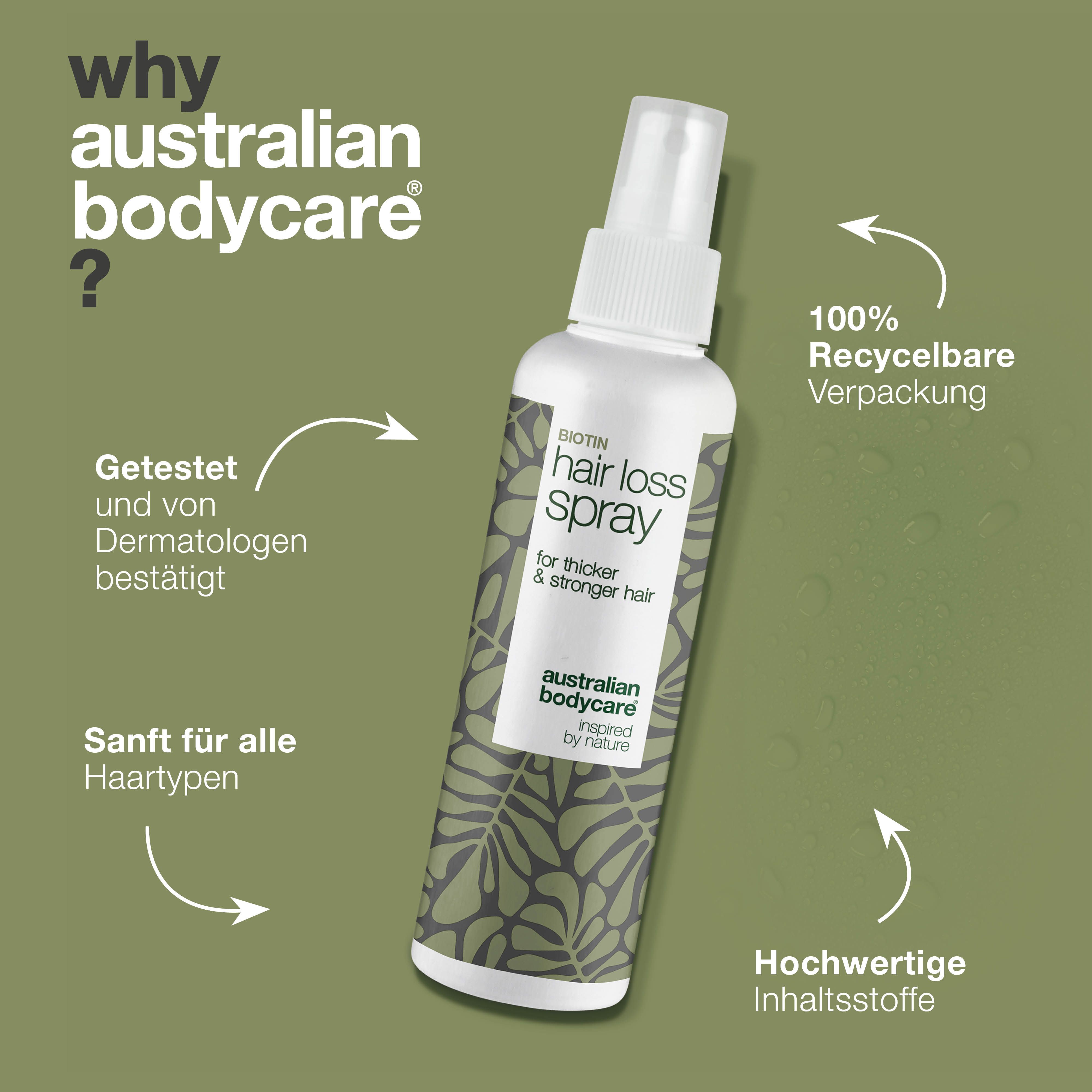 Warum Australian Bodycare? Getestet von Dermatologen. 100% recycelbare Verpackung. Biotin Hair Loss Spray.