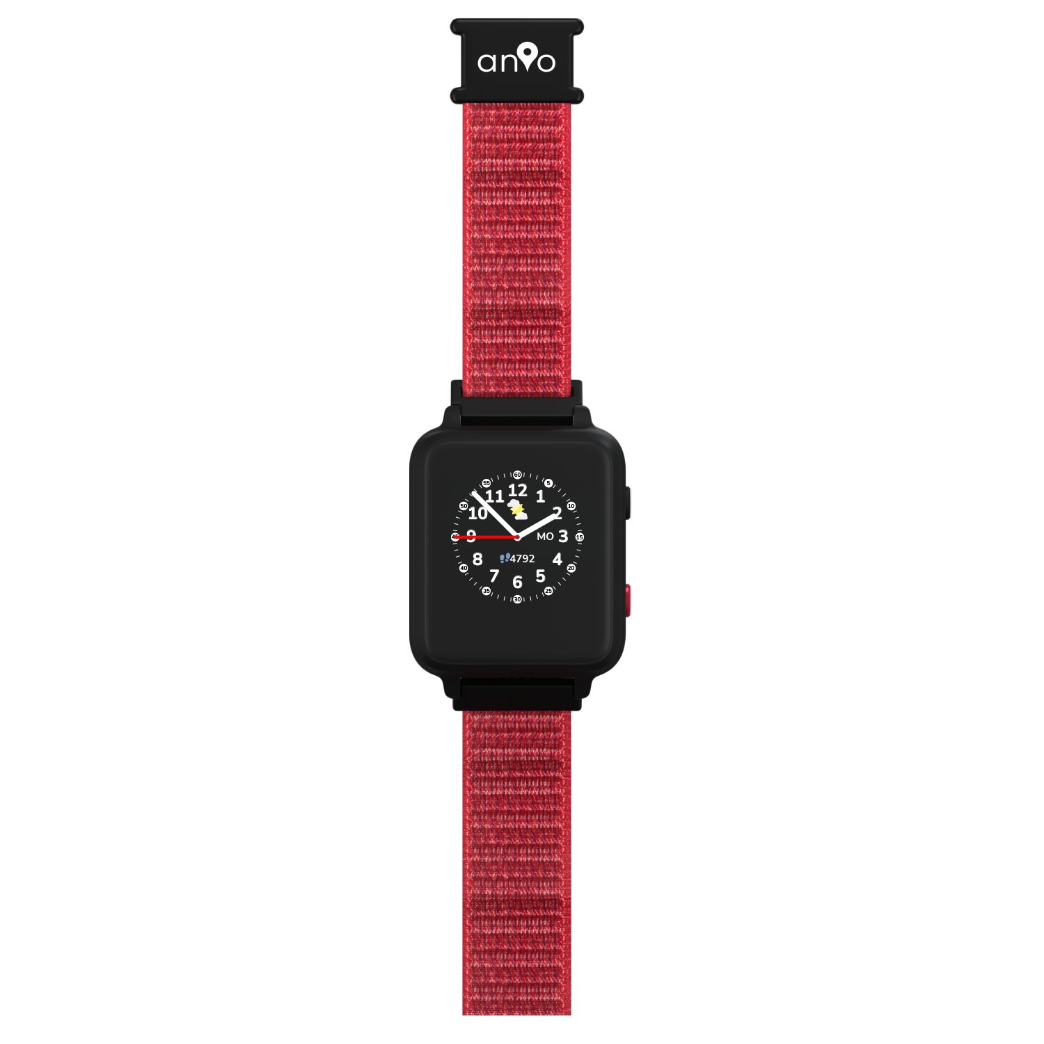 Schwarze Smartwatch mit rotem Armband. Zifferblatt mit Zahlen und Zeigern. Logo 'anio' auf dem Armband.