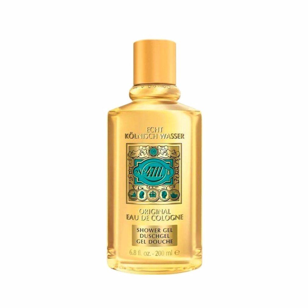 Gelbliche Flasche mit goldenem Verschluss. Auf dem Etikett sind Schriftzüge und das Logo 4711 zu sehen. 'Original Eau de Cologne' steht drauf.