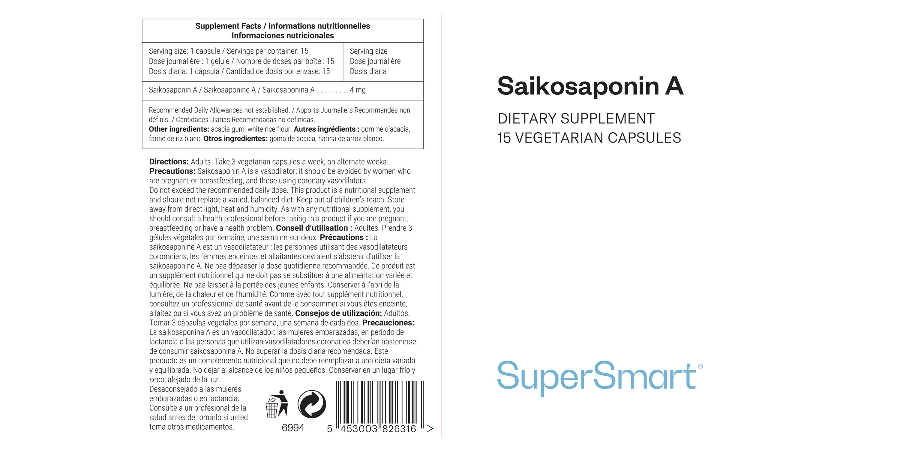 Saikosaponin A, Nahrungsergänzungsmittel. 15 vegetarische Kapseln. SuperSmart-Logo. Weiße Verpackung mit Text.