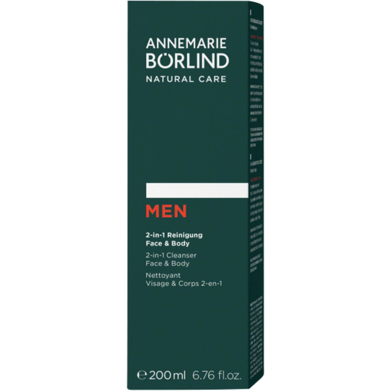 Weiße Tube mit "ANNEMARIE BÖRLIND MEN 2-in-1 Reinigung Face & Body". Rote Schrift. 200 ml.