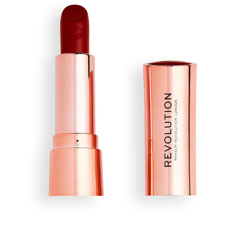 Roter Lippenstift, geöffnet. Goldfarbenes Metallgehäuse. Auf dem Gehäuse steht "REVOLUTION MAKEUP LONDON".