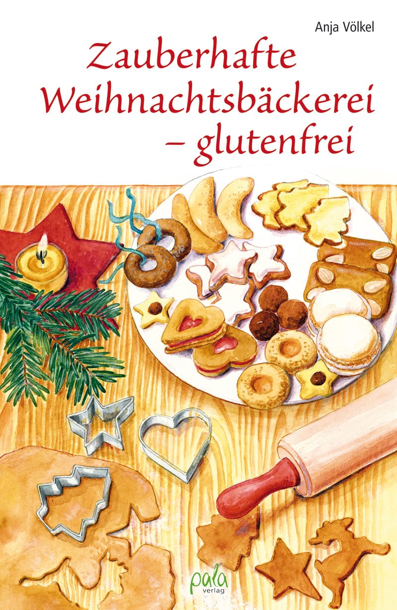Buchcover mit Titel "Zauberhafte Weihnachtsbäckerei - glutenfrei". Teller mit Gebäck, Ausstechformen, Teig und Kerze.