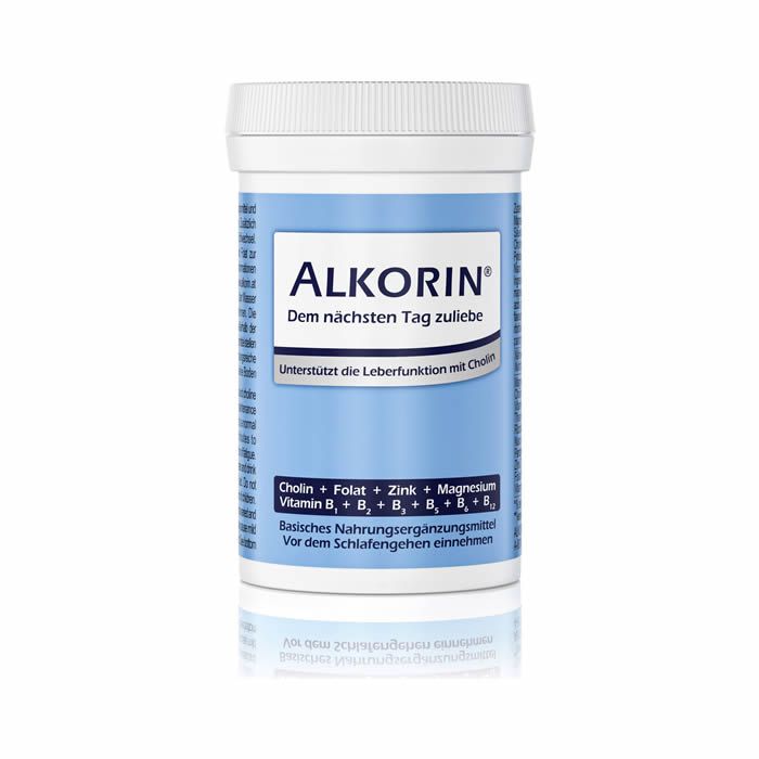 Zylindrische Dose mit weißem Deckel. Aufschrift ALKORIN, blaue Etikett mit Text. Enthält Cholin, Folat, Zink, Magnesium und Vitamine.