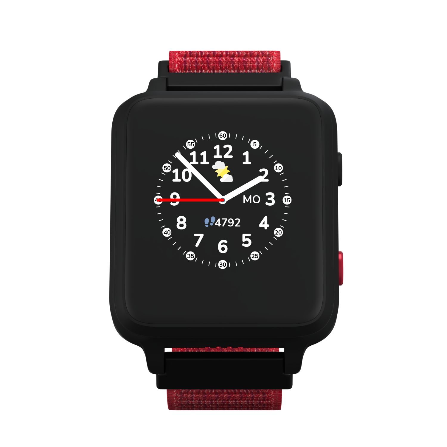 Schwarze Smartwatch mit rotem Armband. Zifferblatt mit Zahlen und Zeigern. Roter Knopf.