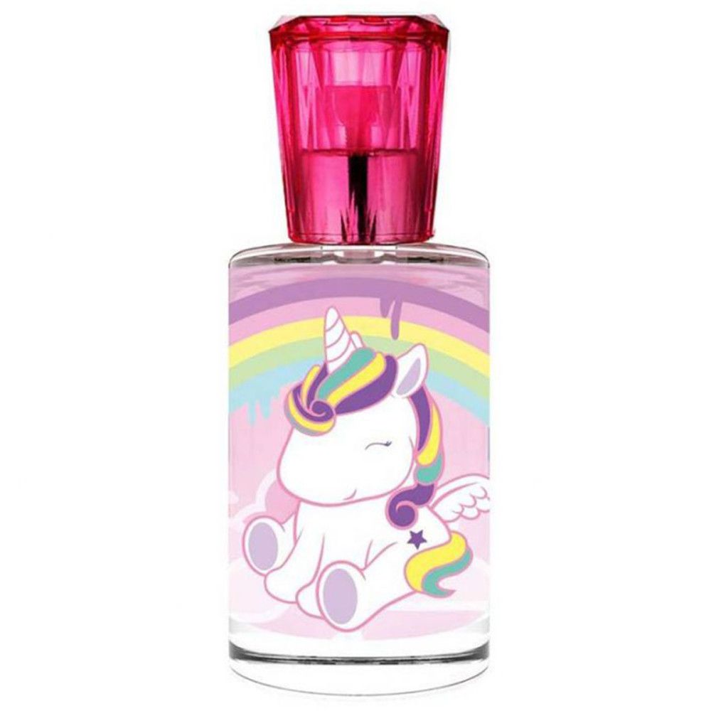 Parfümflakon mit Einhorn-Illustration und rosa Verschluss. Aufdruck mit Regenbogen und Einhorn.