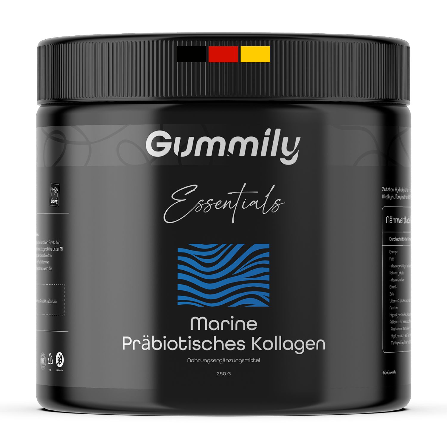 Schwarze Dose mit Gummily Essentials Marine Präbiotisches Kollagen. Mit deutschem Flaggen-Design.
