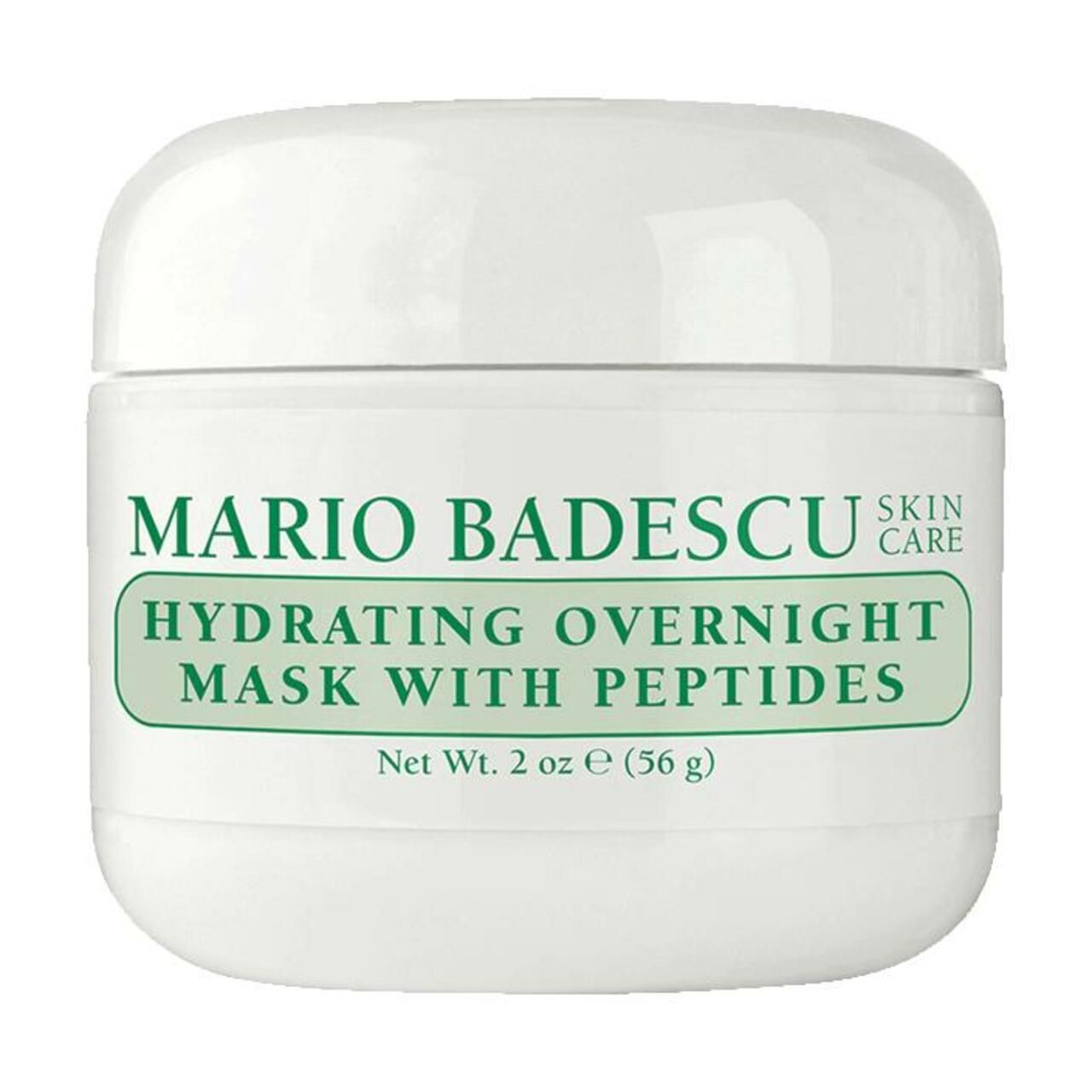 Weißer Tiegel mit grünem Etikett. Aufschrift: MARIO BADESCU, HYDRATING OVERNIGHT MASK WITH PEPTIDES. Nettogewicht: 2 oz e (56 g).