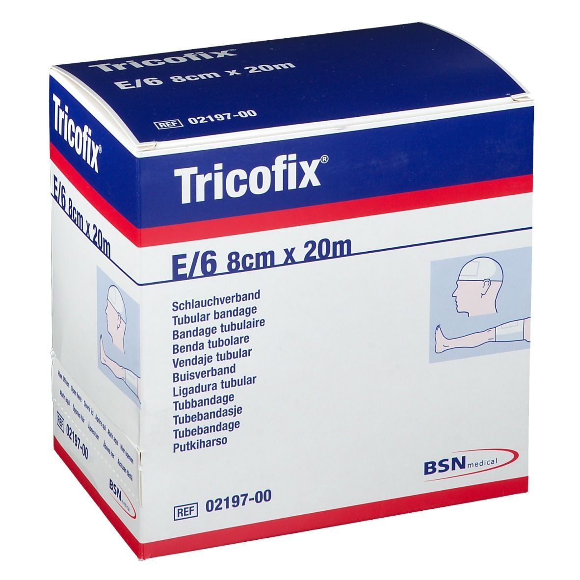 Tricofix-Verband, 8cm x 20m, in einer weißen und blauen Schachtel. Abbildung eines Kopfes und Beins mit Verband. BSN medical.
