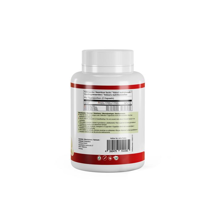Weiße Flasche mit rotem Streifen. Rückseite mit Nährwertangaben und Barcode. Produktinformationen in Deutsch, Italienisch, Französisch.