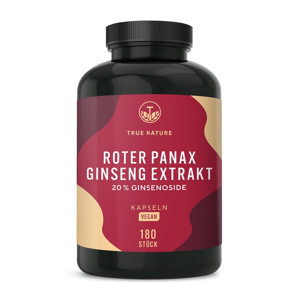 Dunkler Behälter mit rotem Etikett: Roter Panax Ginseng Extrakt, 180 Kapseln.