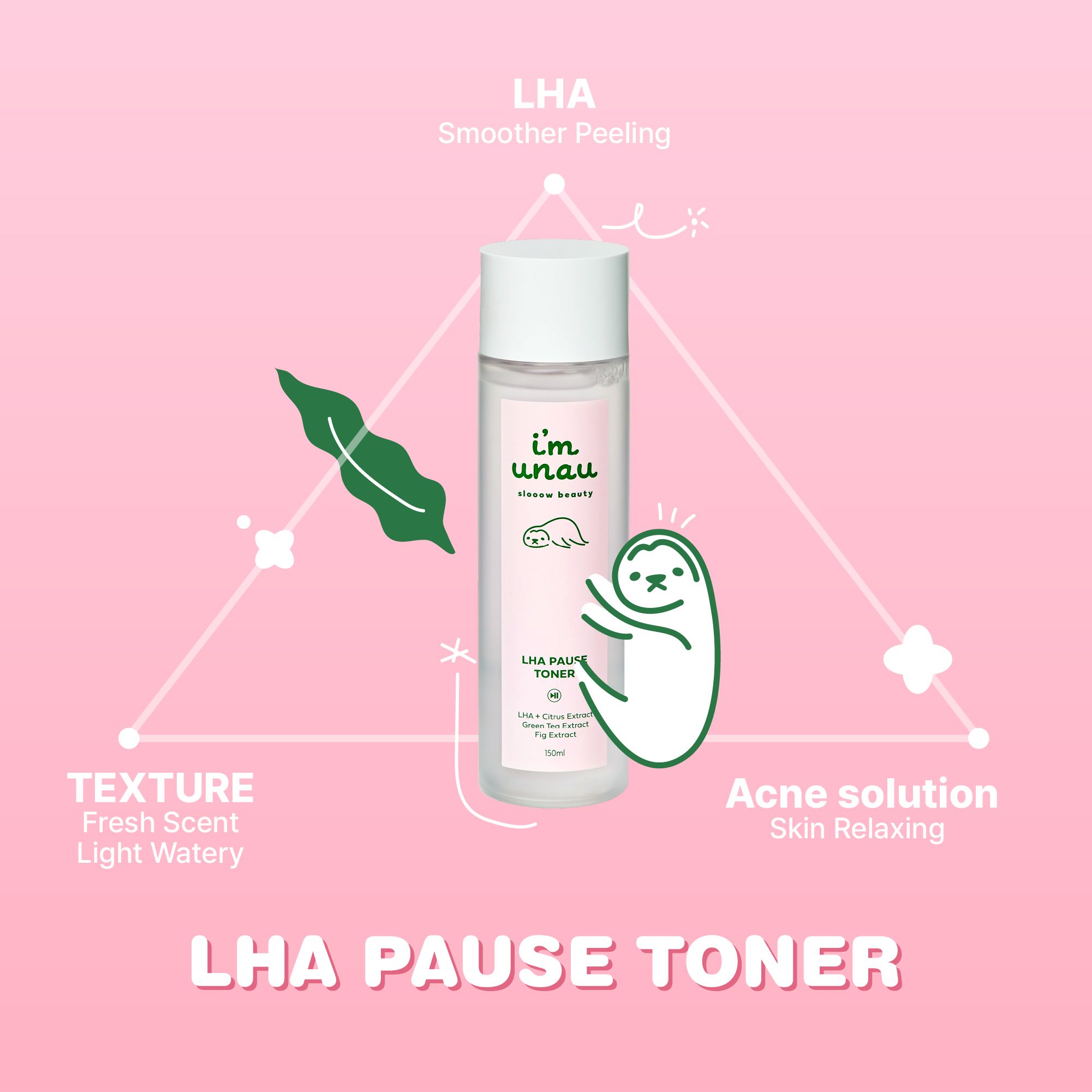 Rosa Hintergrund mit Produkt und Illustrationen. Produkt: i'm unau LHA PAUSE TONER. Illustrationen: Algen, Seehund. Text: LHA, Textur, Akne-Lösung.