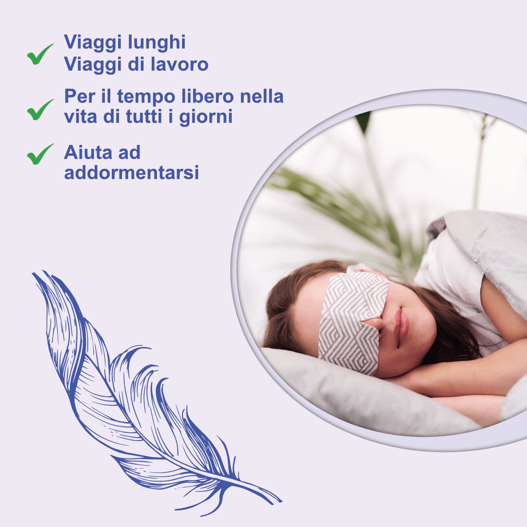 Donna con maschera per occhi. Testo: Lunghi viaggi, pausa, addormentarsi. Illustrazioni: Yoga, dormire, viaggiare. Maschera grigia.