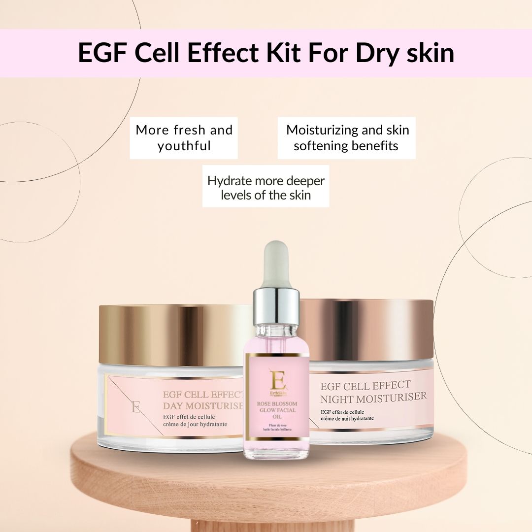 Kosmetik-Set für trockene Haut. Tages- und Nachtcreme, Gesichtsöl. Rosa Etiketten, goldene Deckel. "EGF Cell Effect" und "Rose Blossom Glow".