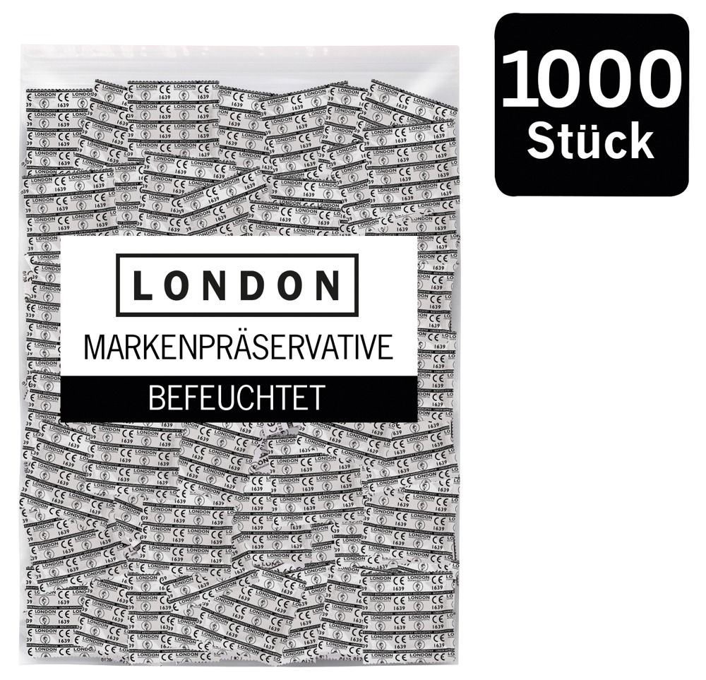 Beutel mit vielen Kondomen. Auf dem Beutel steht „LONDON“ und „1000 Stück“.