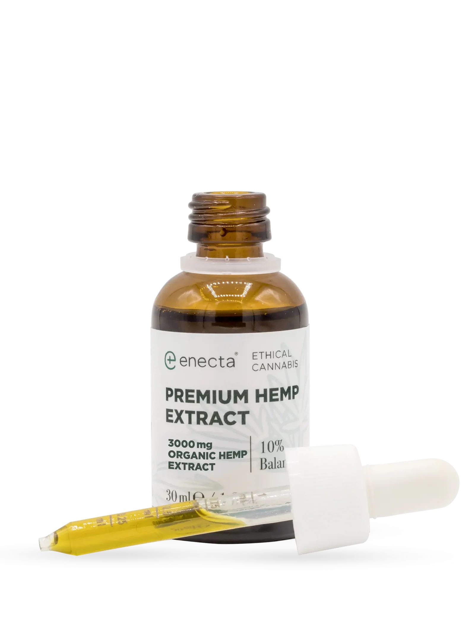 Braune Glasflasche mit Pipette, daneben eine Pipette mit gelblicher Flüssigkeit. Aufschrift: Premium Hemp Extract.