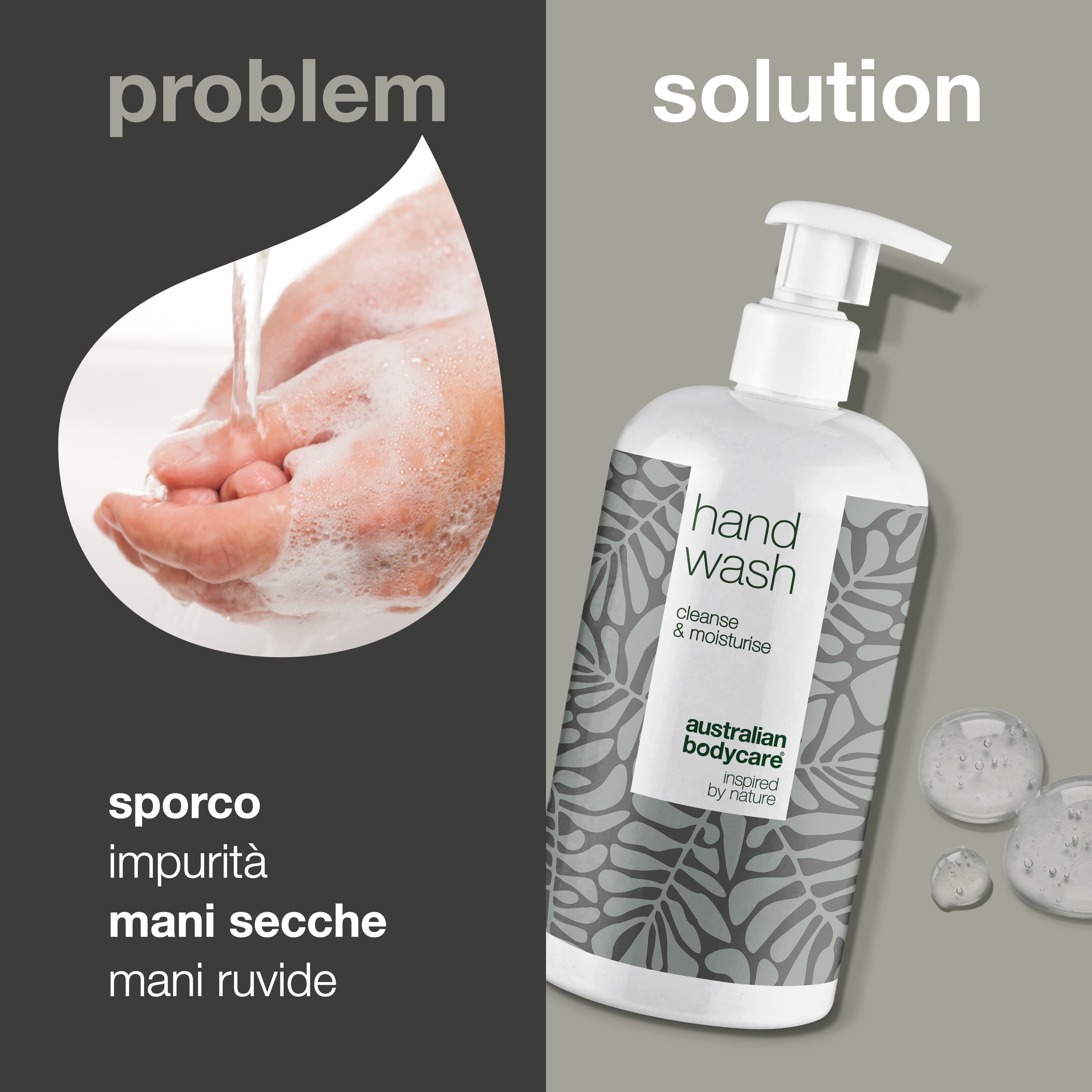 Mani con schiuma di sapone e flacone di sapone per le mani bianco con pompa. Testo: "Hand Wash" e "Australian Bodycare".