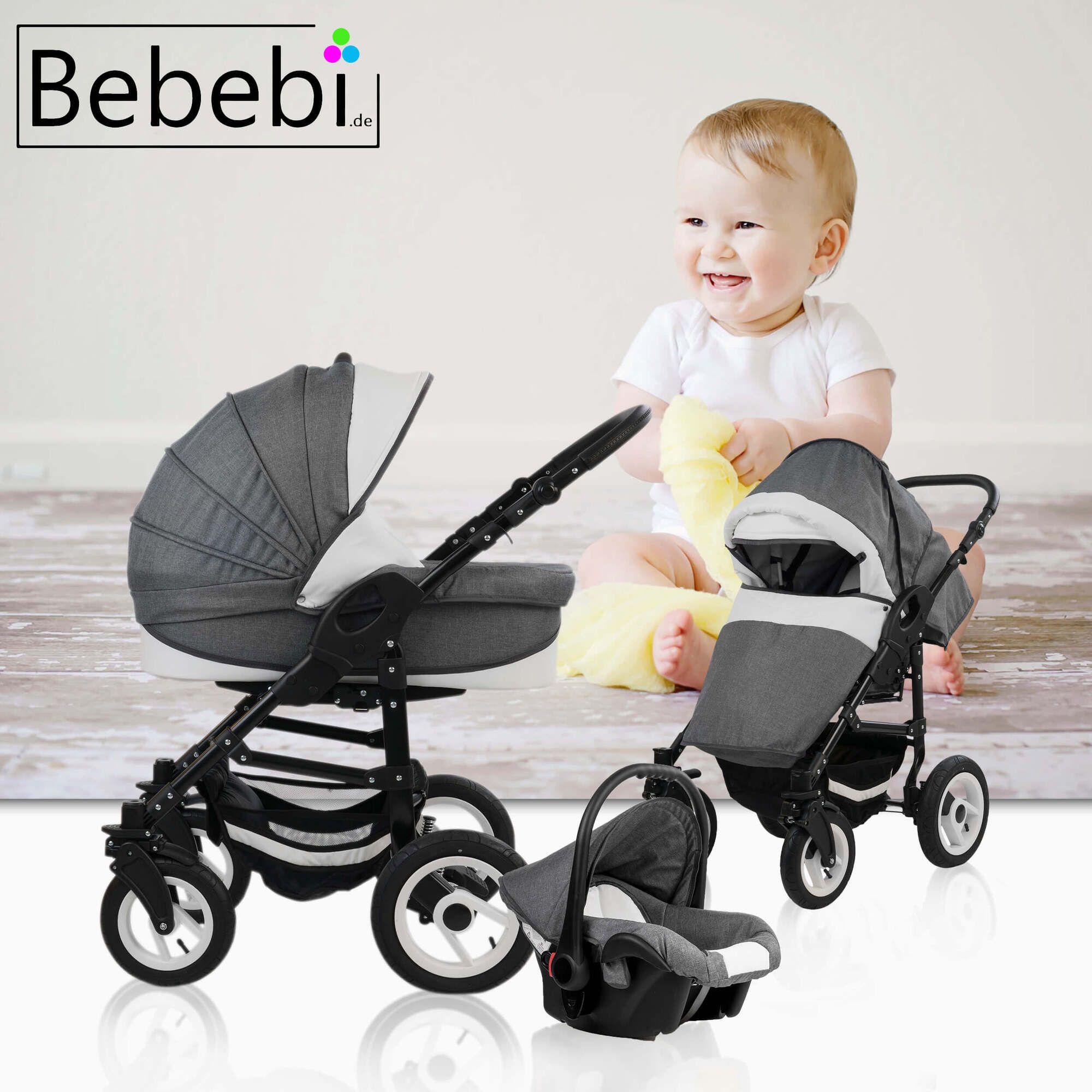 Bebebi Florenz 4 in 1 Kinderwagen Komplettset ISOFIX Basis Luftreifen, Marco Darkgrey Black