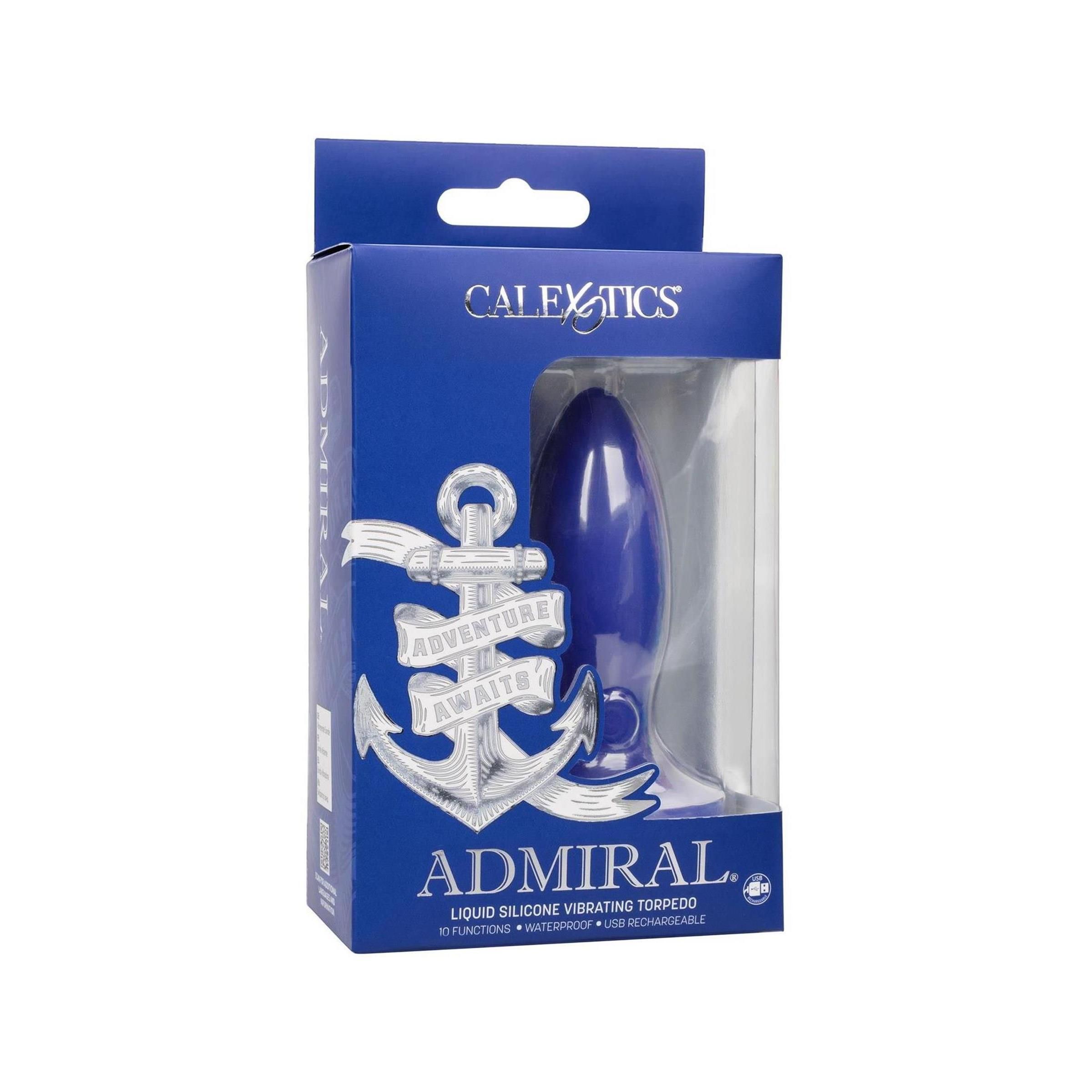 Blaues Produkt in Verpackung. Aufschrift: CALEXOTICS, ADMIRAL, Adventure Awaits. Flüssiges Silikon, wasserdicht, wiederaufladbar.