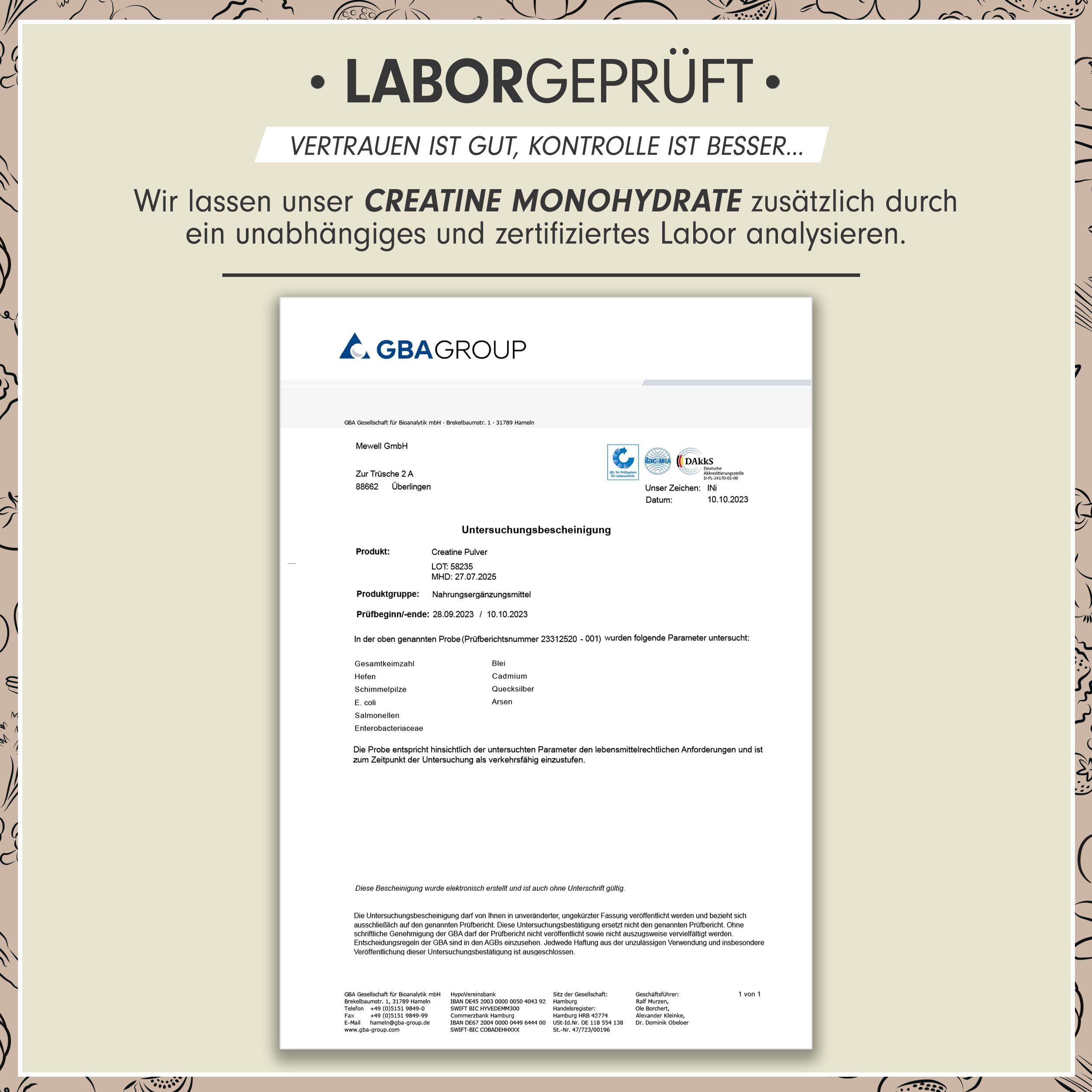 Laborbericht von GBA Group. Dokument mit Produktinformationen: CREATINE Monohydrate. Unterschriften und Stempel.