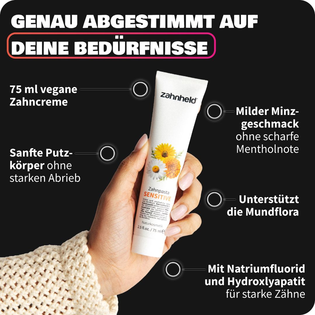 Hand hält Zahnheld Zahnpasta Sensitive Tube, 75 ml vegane Zahncreme.