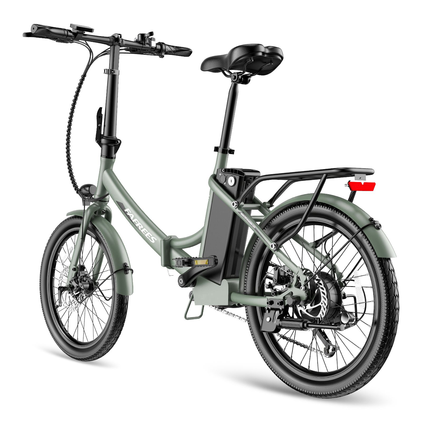 Hellgrünes Fafrees F20Light E-Bike. Klapprahmen, Gepäckträger, Schutzbleche. Schwarze Reifen und Sattel. Akku am Rahmen.