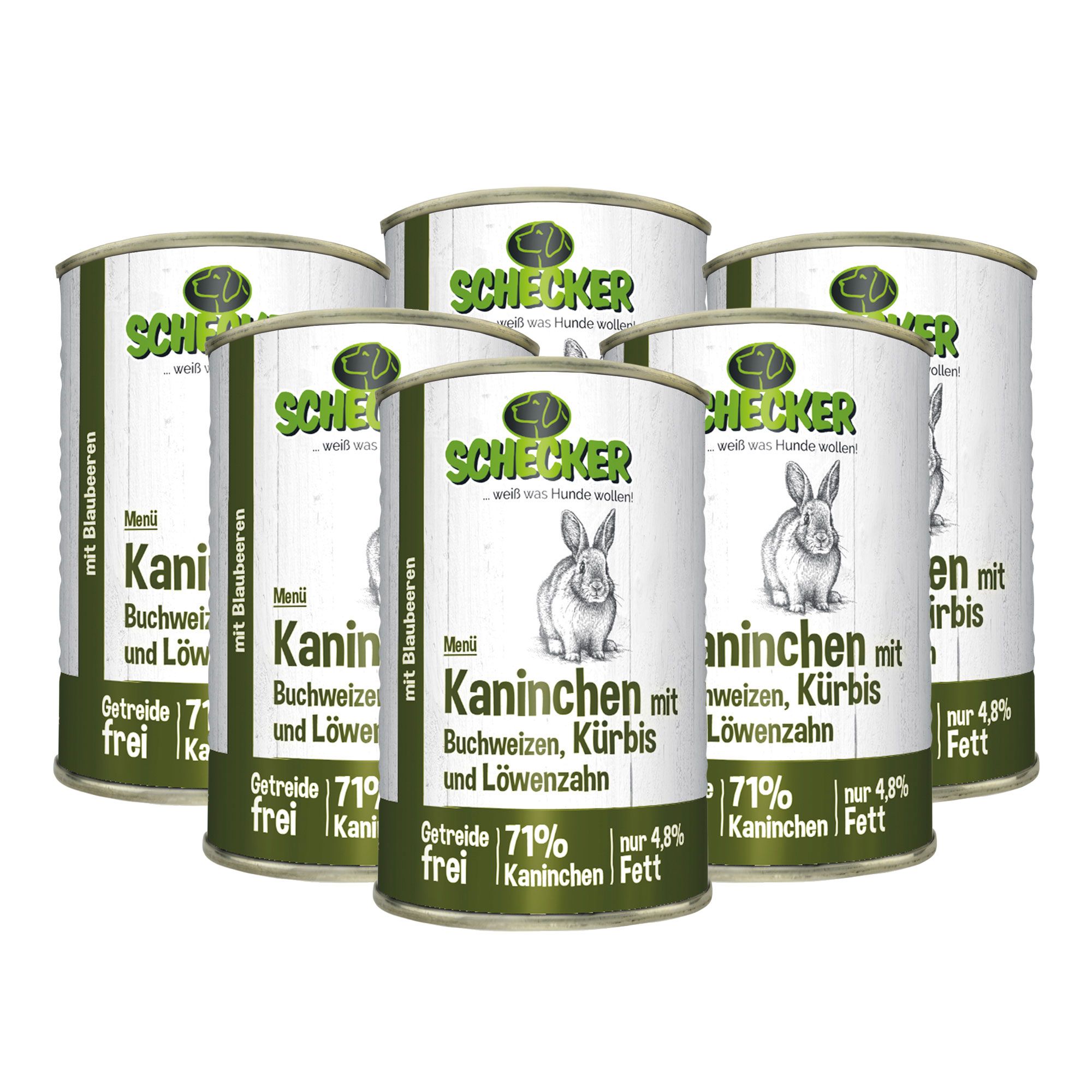 Schecker Nassfutter - Hundemenü mit (71%) Kaninchen - Buchweizen - Kürbis - fettarm