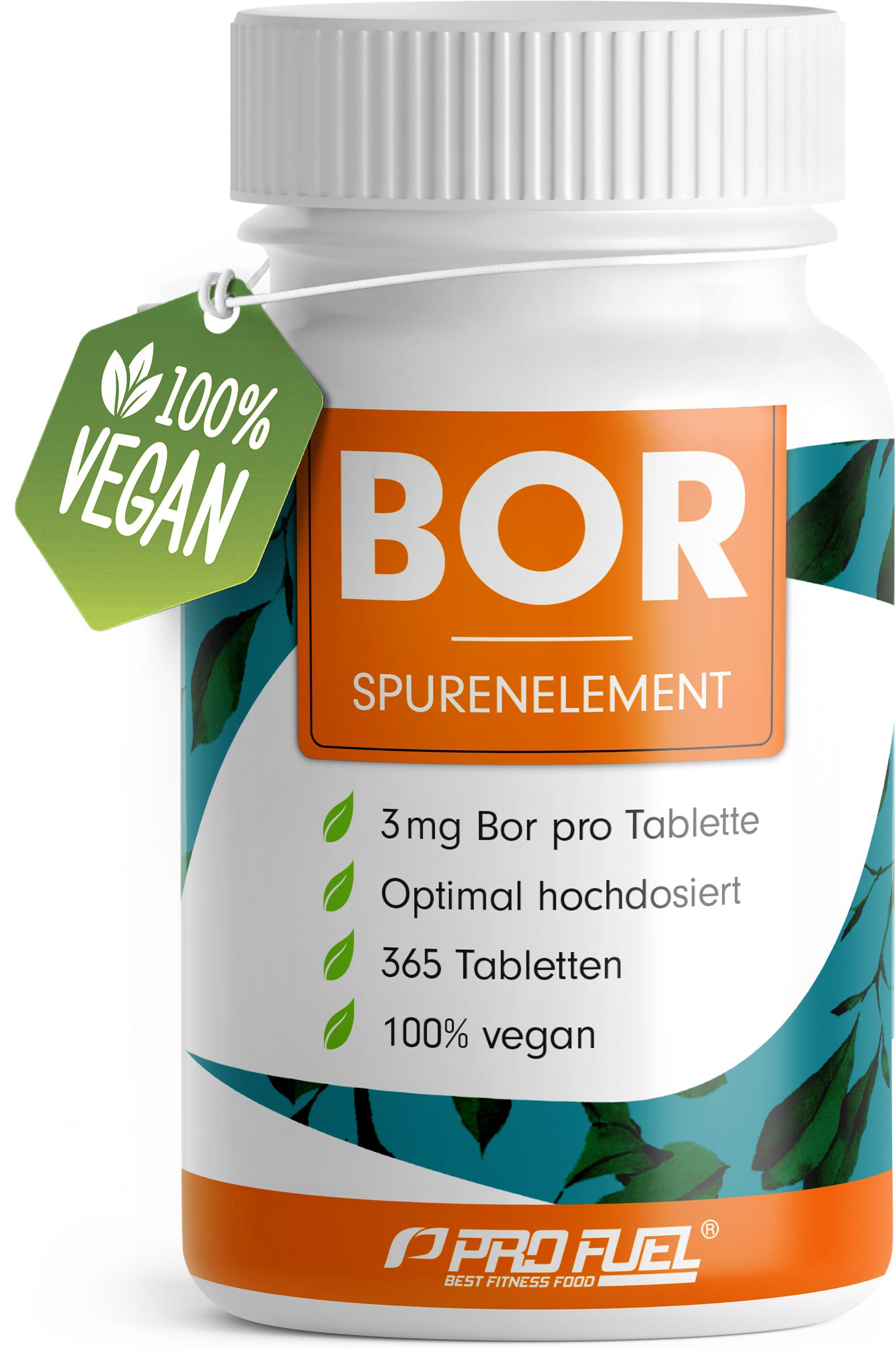 Weiße Flasche mit BOR-Tabletten. Grün-oranges Etikett. Anhänger: 100% vegan.